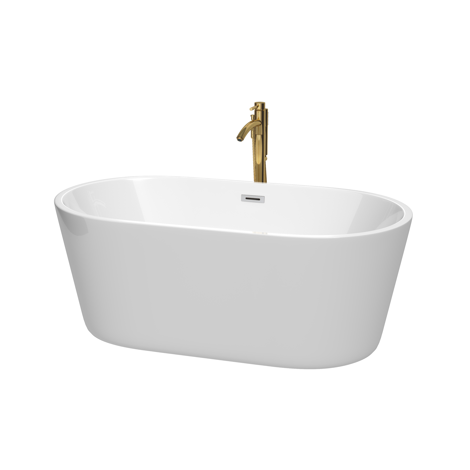 60" Freestanding Bathtub in White with Floor Mounted Faucet in Brushed Gold and Polished Chrome Trim
