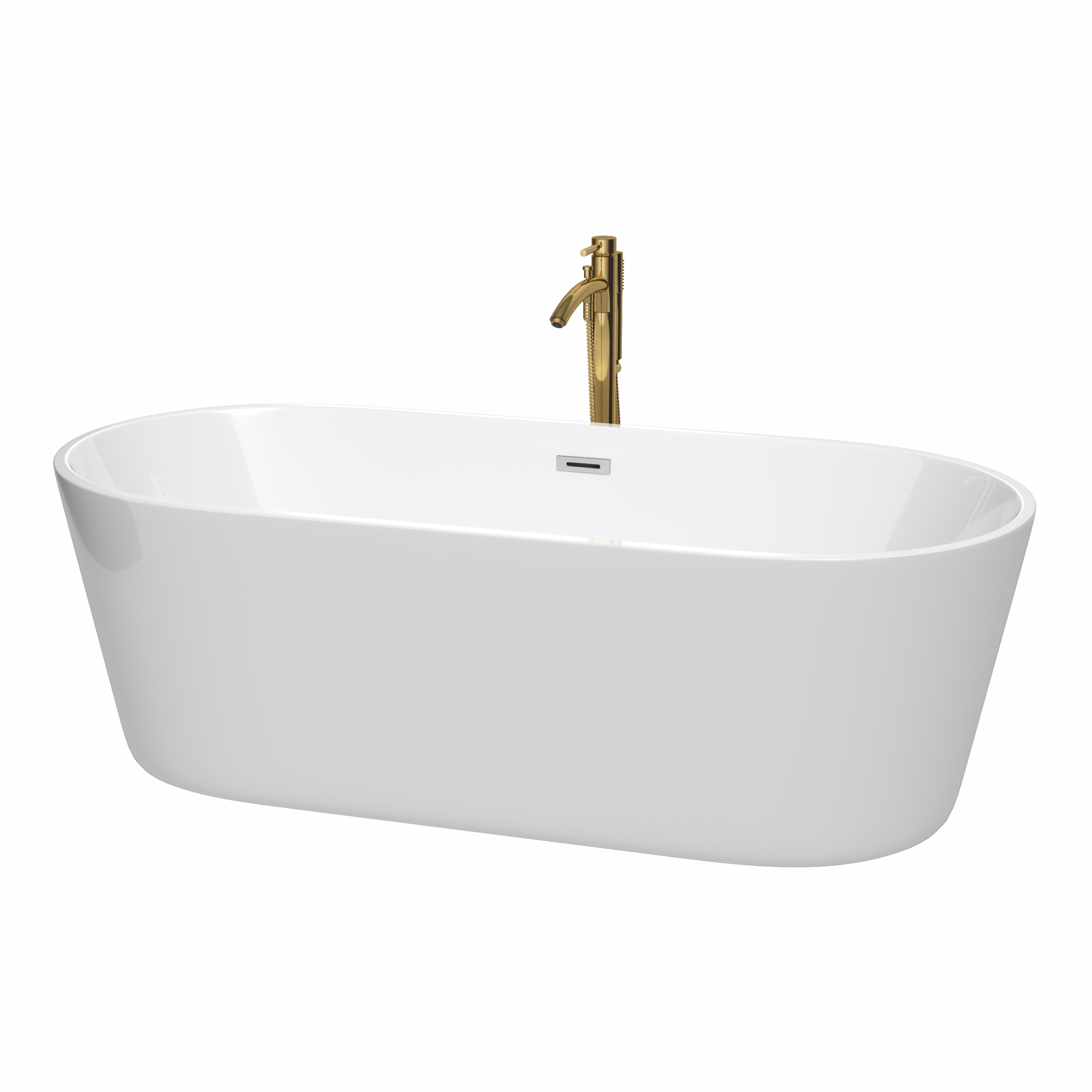 71" Freestanding Bathtub in White with Floor Mounted Faucet in Brushed Gold and Polished Chrome Trim Finish