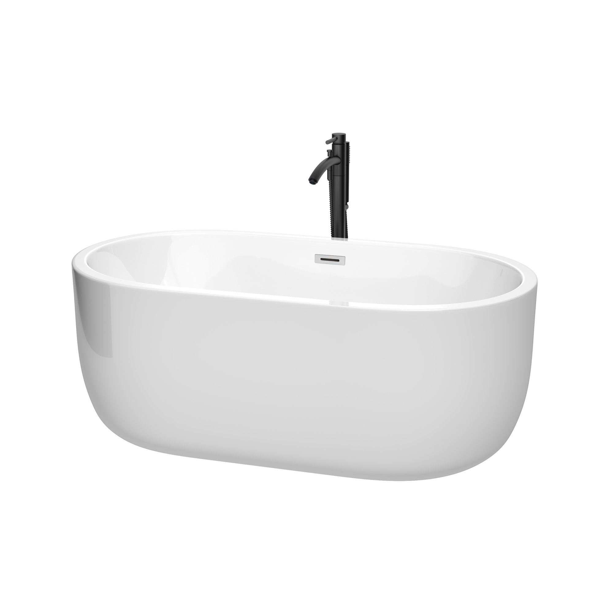 60" Freestanding Bathtub in White with Floor Mounted Faucet in Matte Black and Polished Chrome Trim