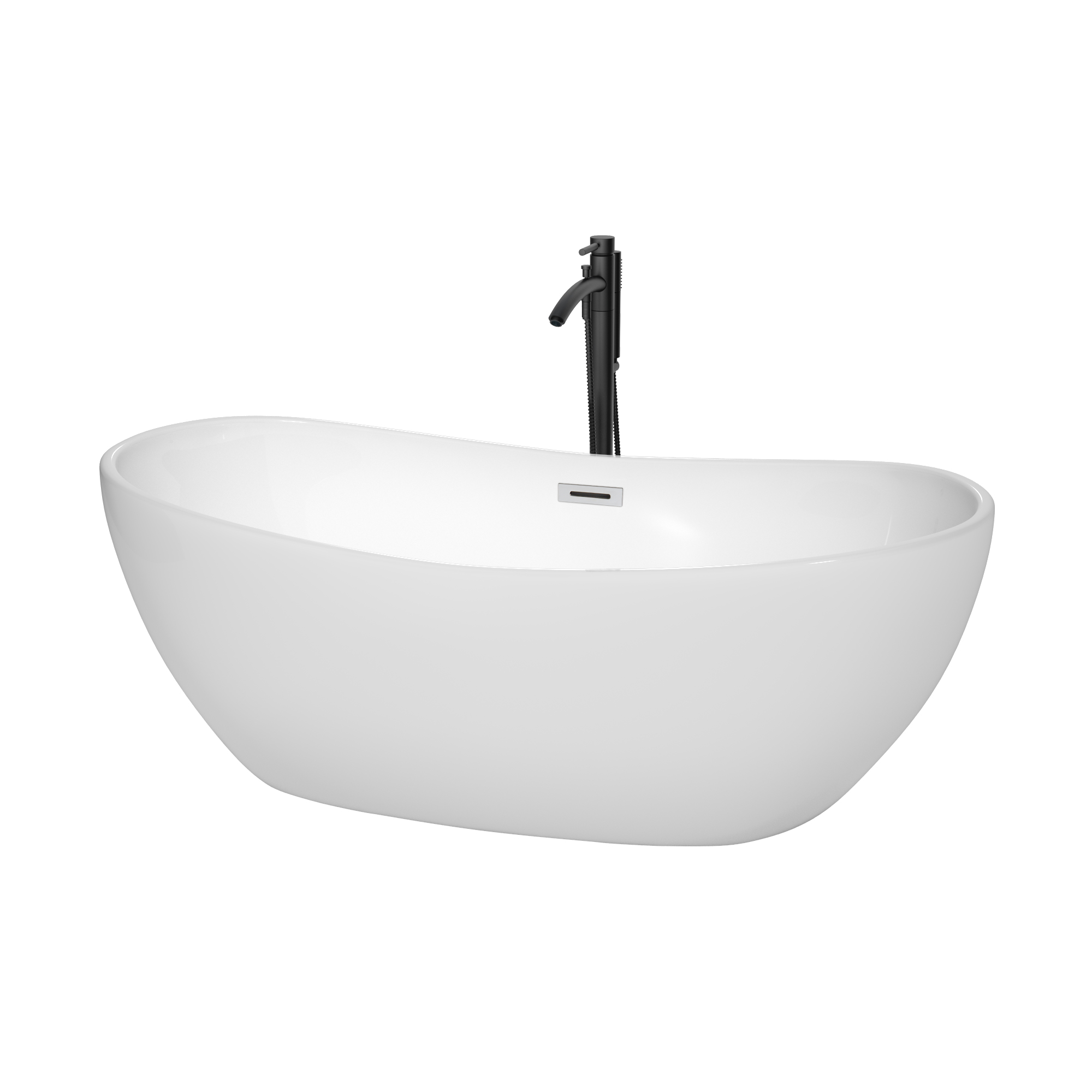 65" Freestanding Bathtub in White with Polished Chrome Trim and Floor Mounted Faucet in Matte Black Finish