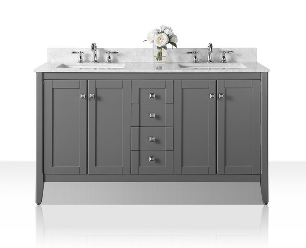 60" Double Sink Bathroom Vanity Set in Sapphire Gray Finish with Italian Carrara White Marble Vanity top and White Undermount Basin