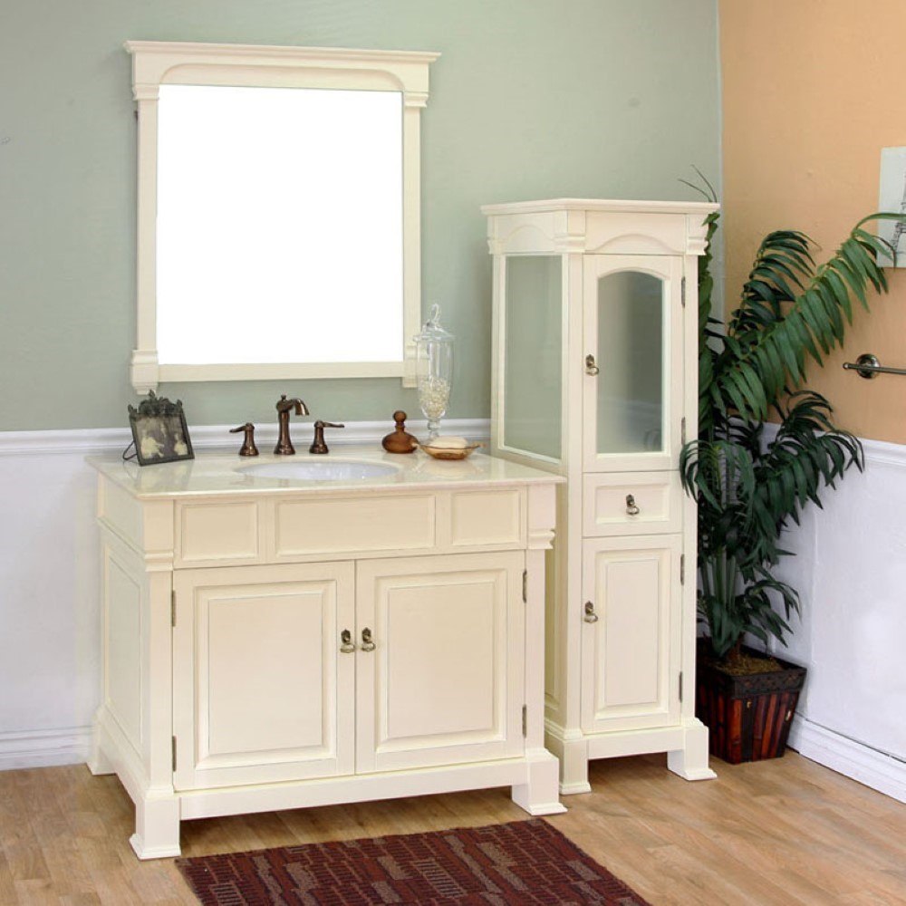 42" Single Sink Vanity-Wood-Cream White with Mirror and Linen Cabinet Options