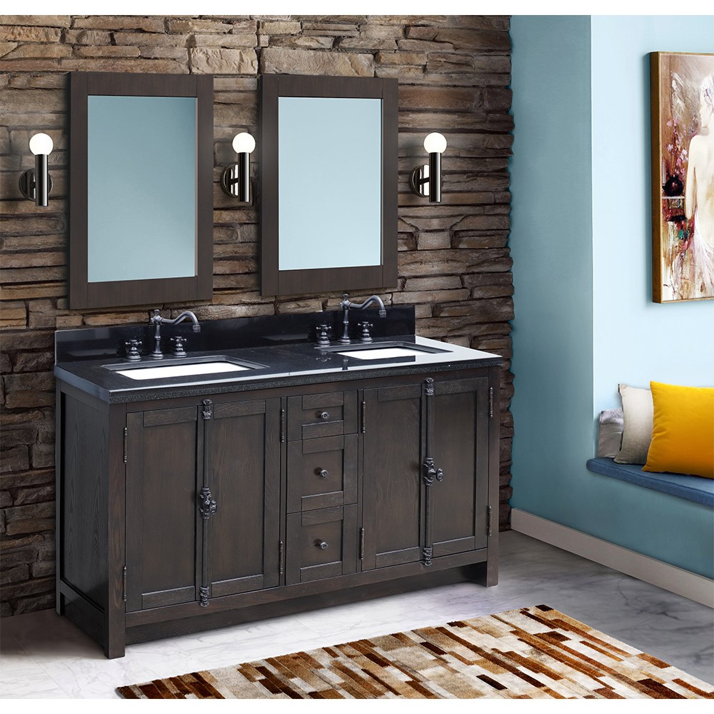 55" Double vanity in Brown Ash finish with Black Galaxy top and rectangle sink with Countertop, Mirror and Backsplash Options