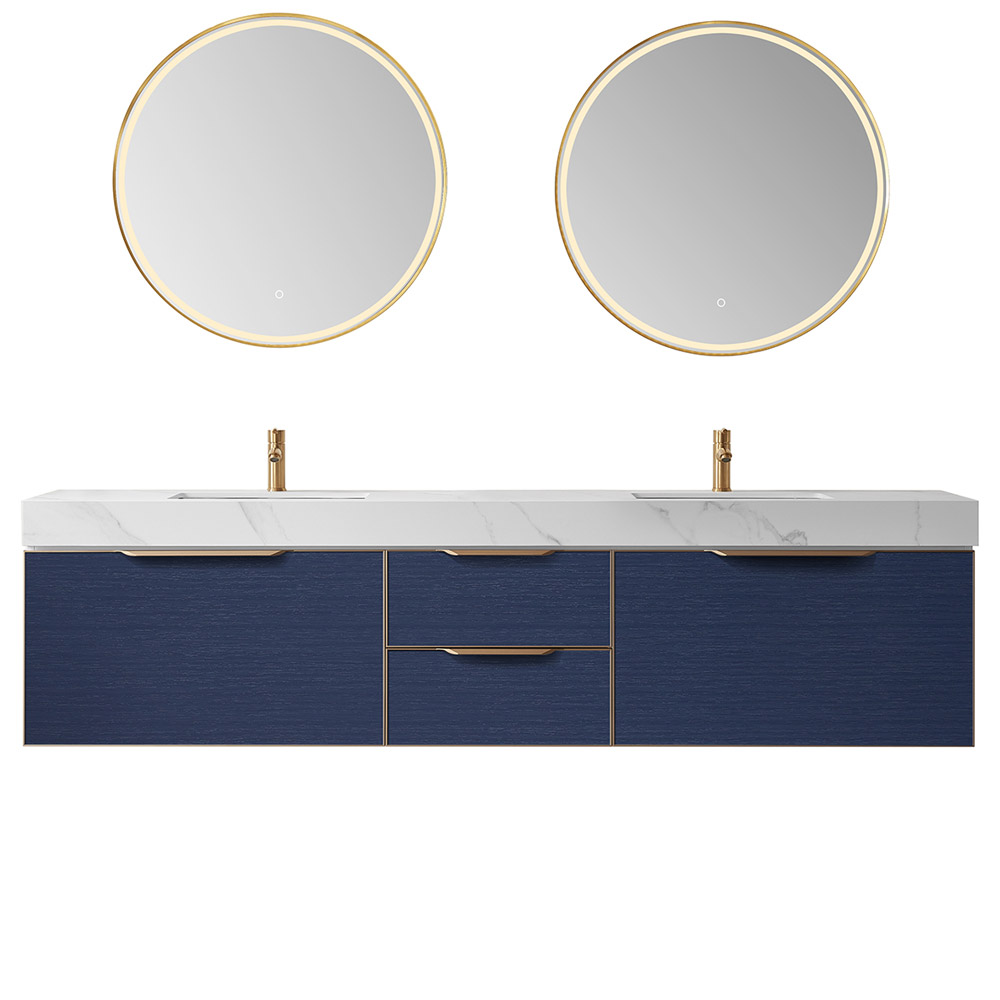 84" Double Sink Bath Vanity in Blue with White Sintered Stone Top 