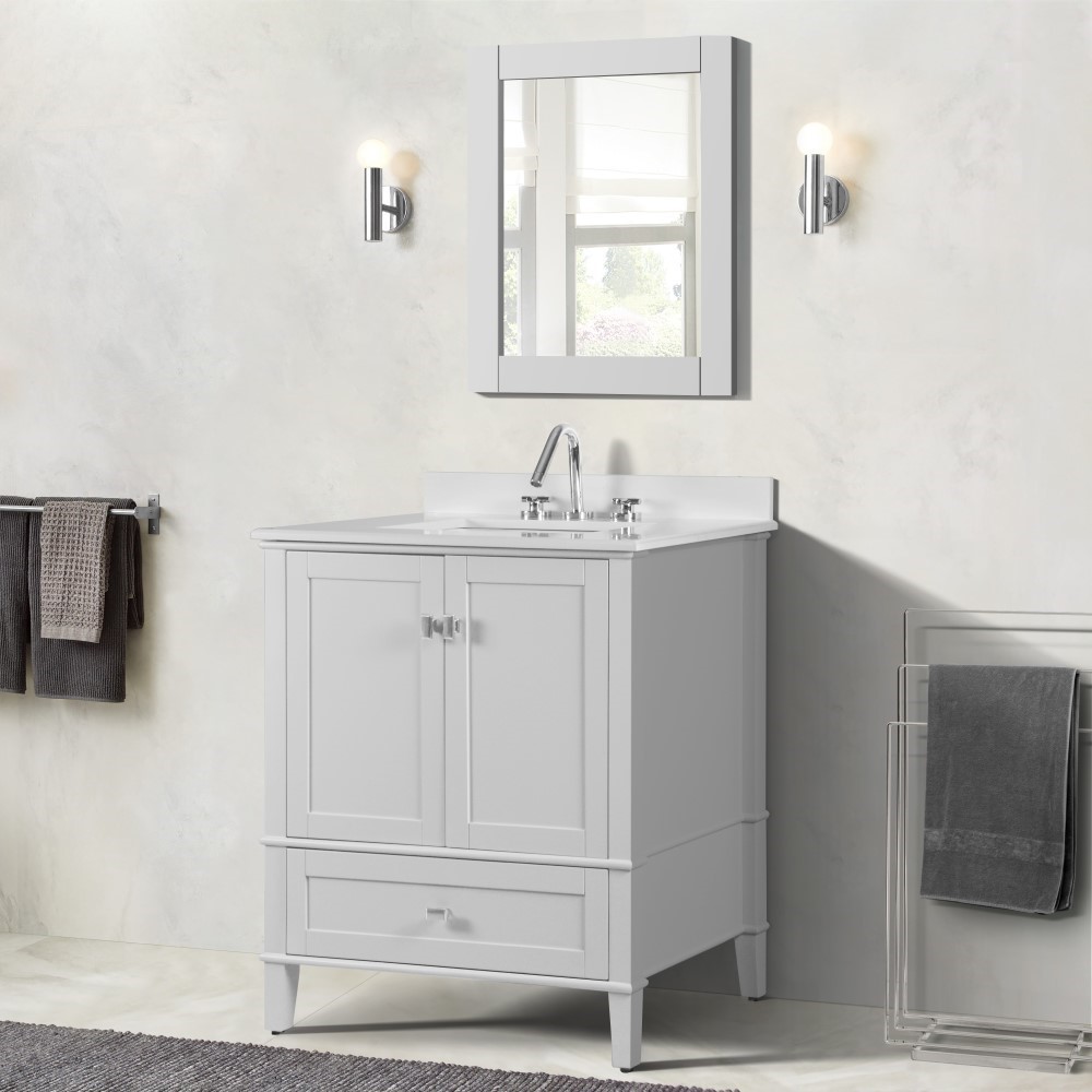 31" Single Sink Vanity in White Finish Engineer Stone Quartz Top with Mirror Option