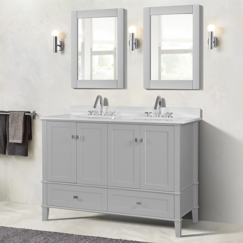 49" Double Sink Vanity in Light Gray Finish Engineer Stone Quartz Top with Mirror Option