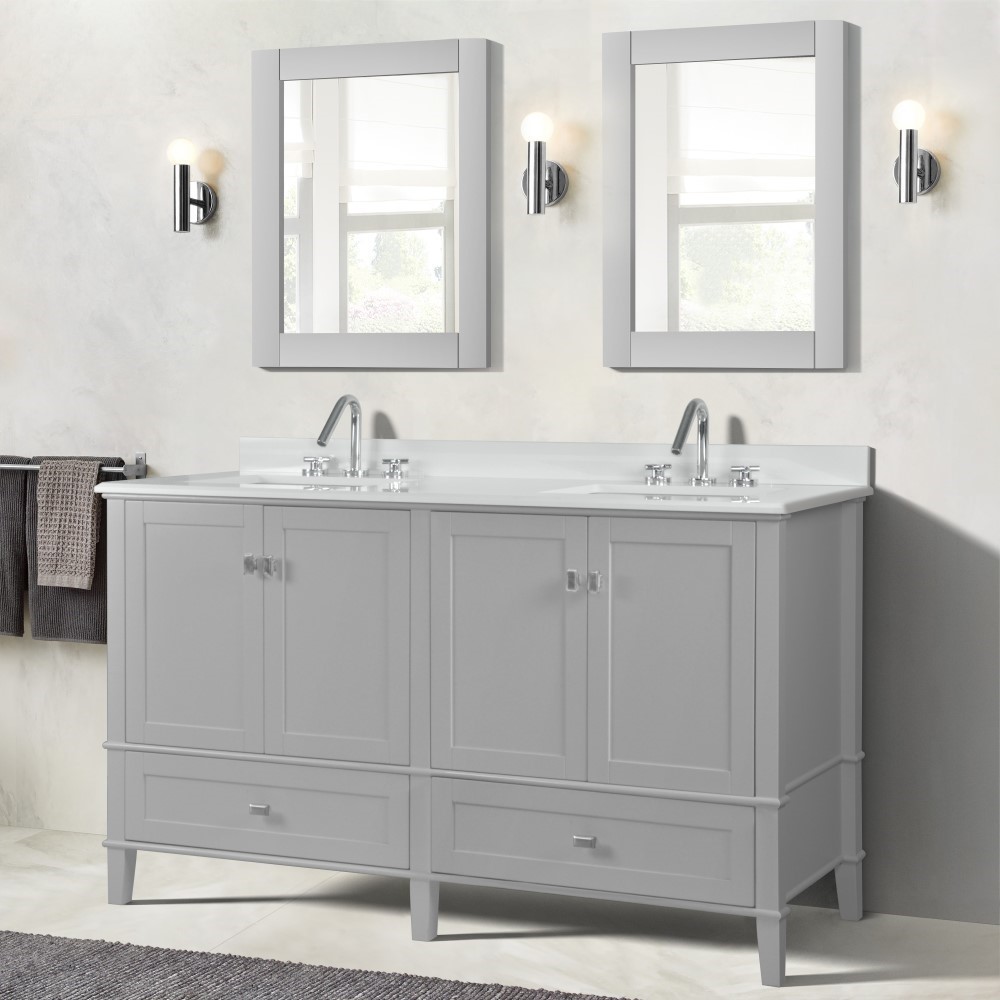 61" Double Sink Vanity in Light Grey Finish Engineer Stone Quartz Top with Mirror Option