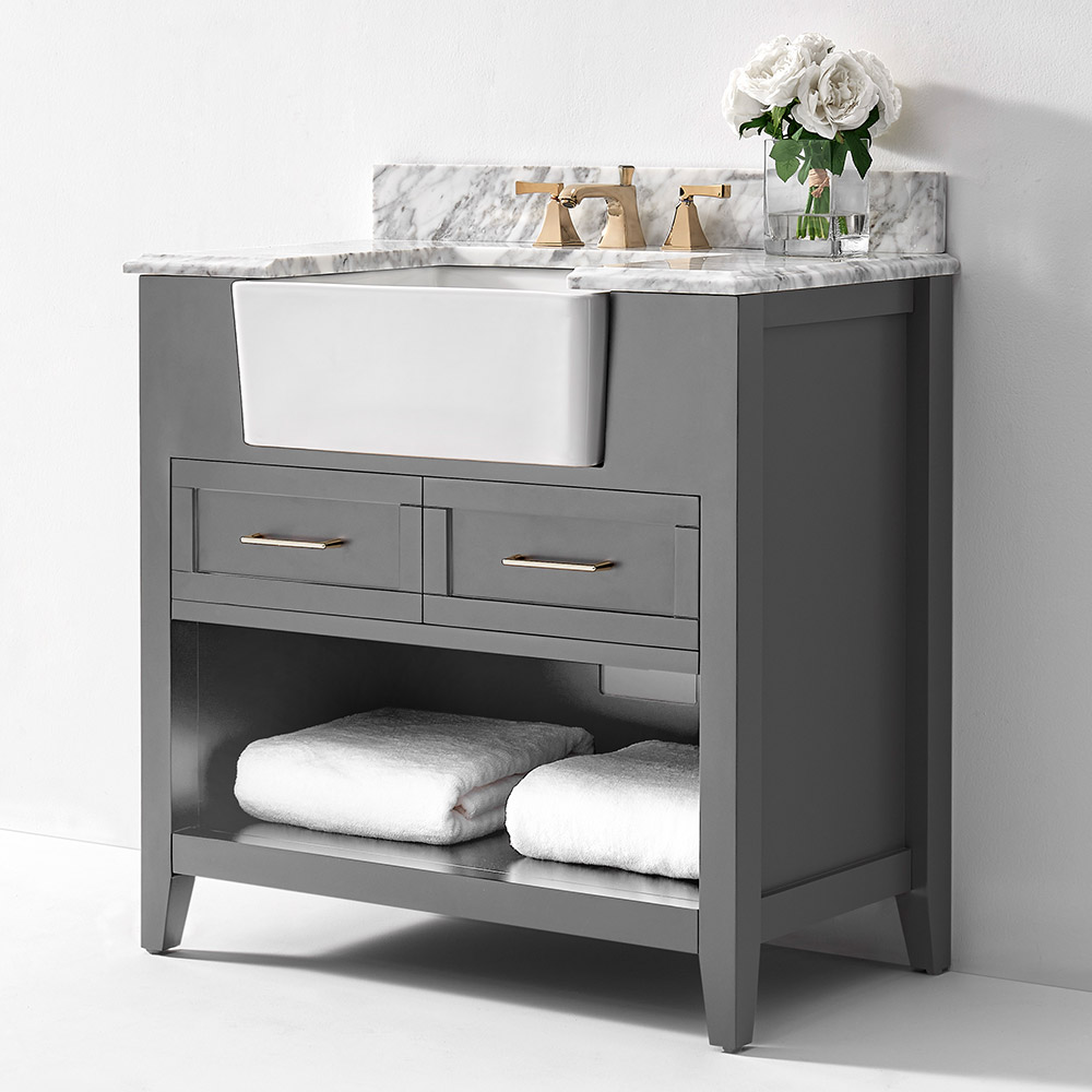 36" Bath Vanity Set in Sea Cloud Gray with Italian Carrara White Marble Vanity Top and White Farmhouse Apron Basin