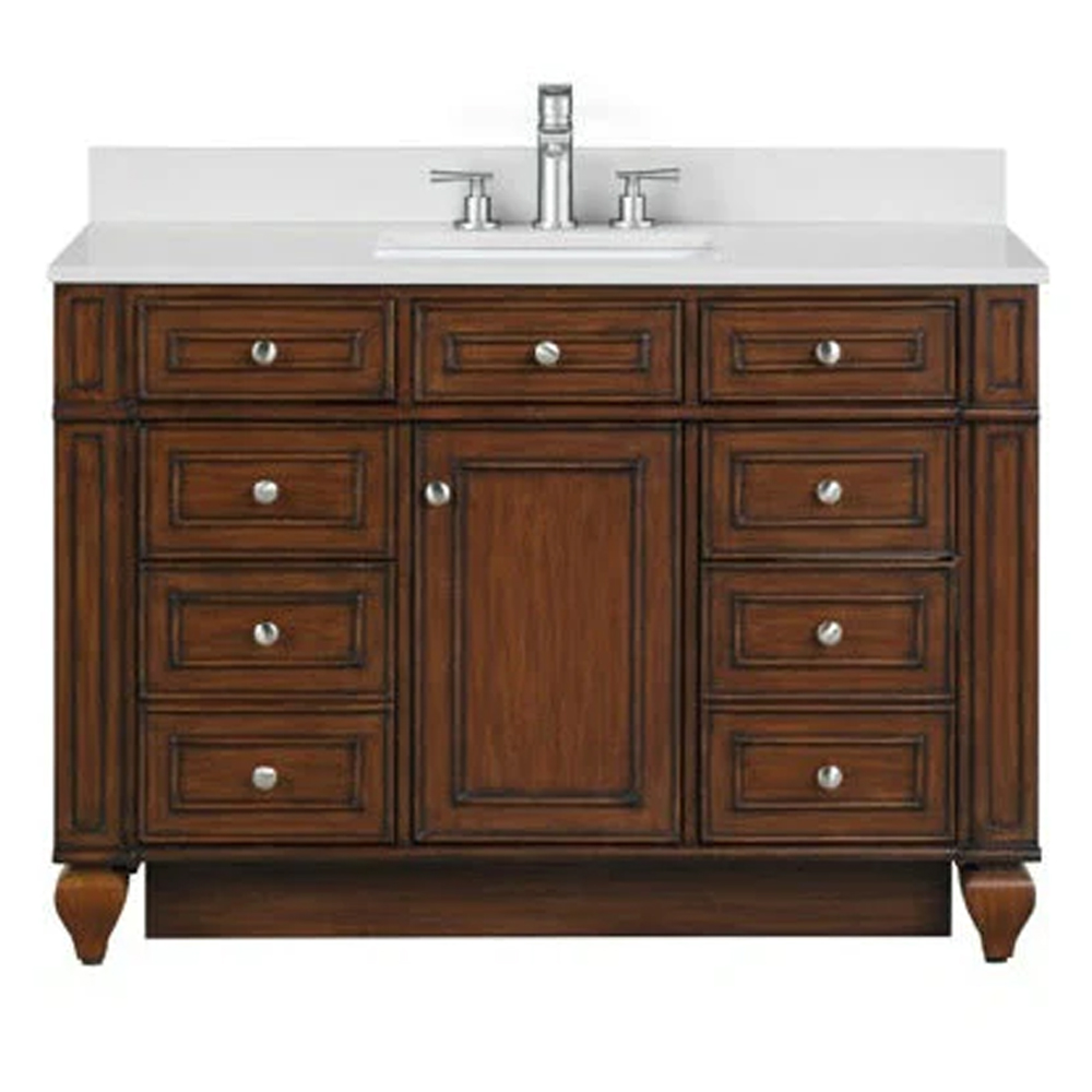 Traditional 48" Single Sink Vanity with 0.75" Thick White Quartz Countertop in Walnut Finish