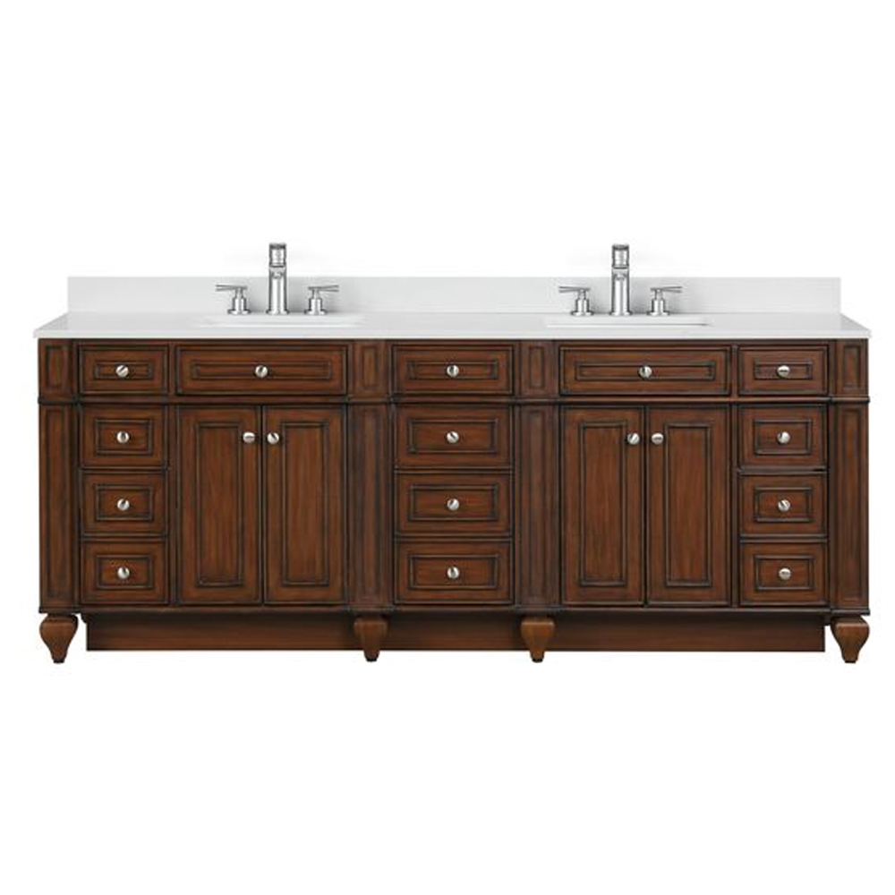 Traditional 84" Double Sink Vanity with 0.75" Thick White Quartz Countertop in Walnut Finish