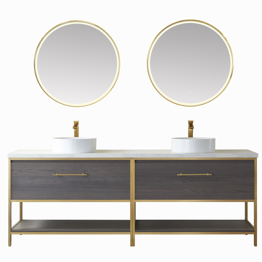 84G" Double Sink Bath Vanity in Suleiman Oak with White Composite Grain Stone Countertop with Mirror Option