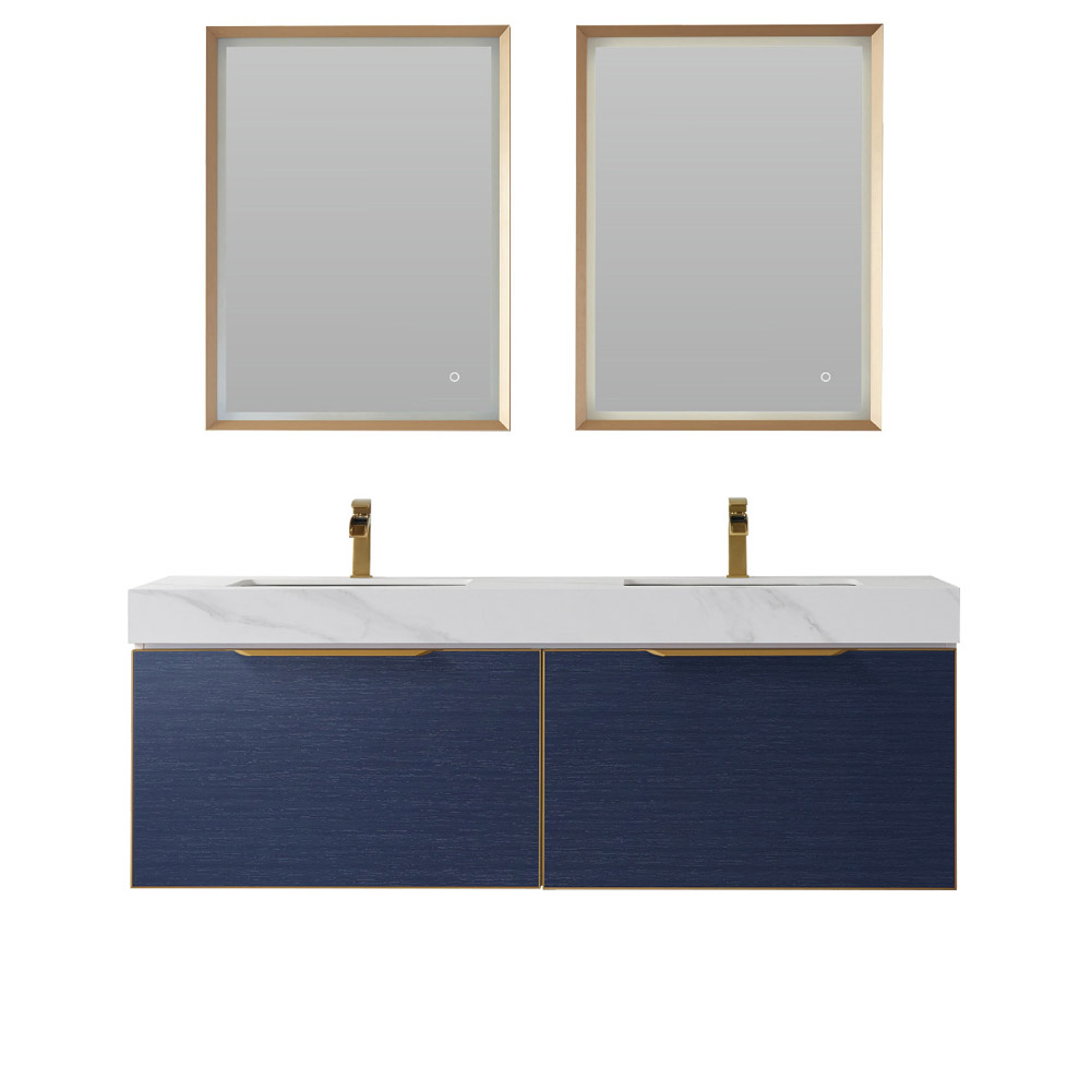 60" Vanity in Classic Blue with White Sintered Stone Countertop and undermount sink Without Mirror 