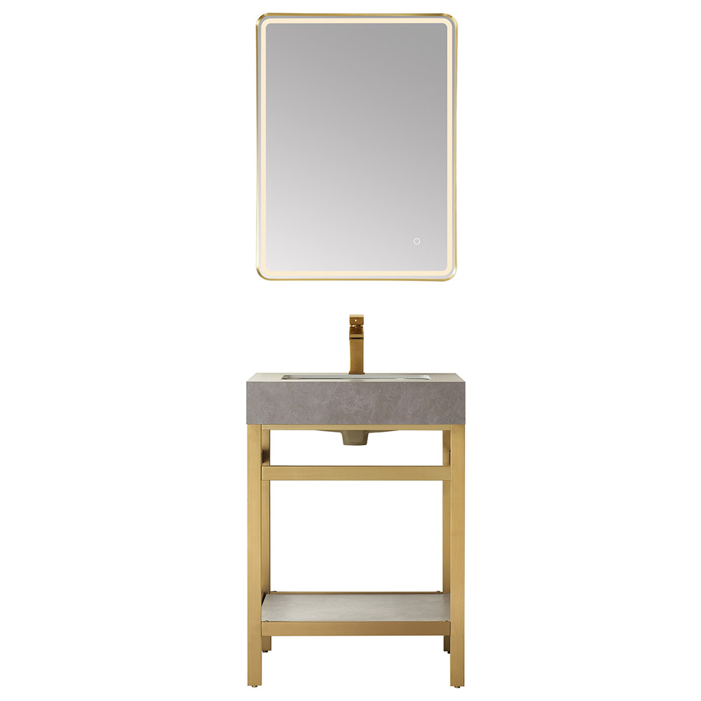 24" Single Sink Bath Vanity in Brushed Gold Metal Support with Grey Sintered Stone Top 