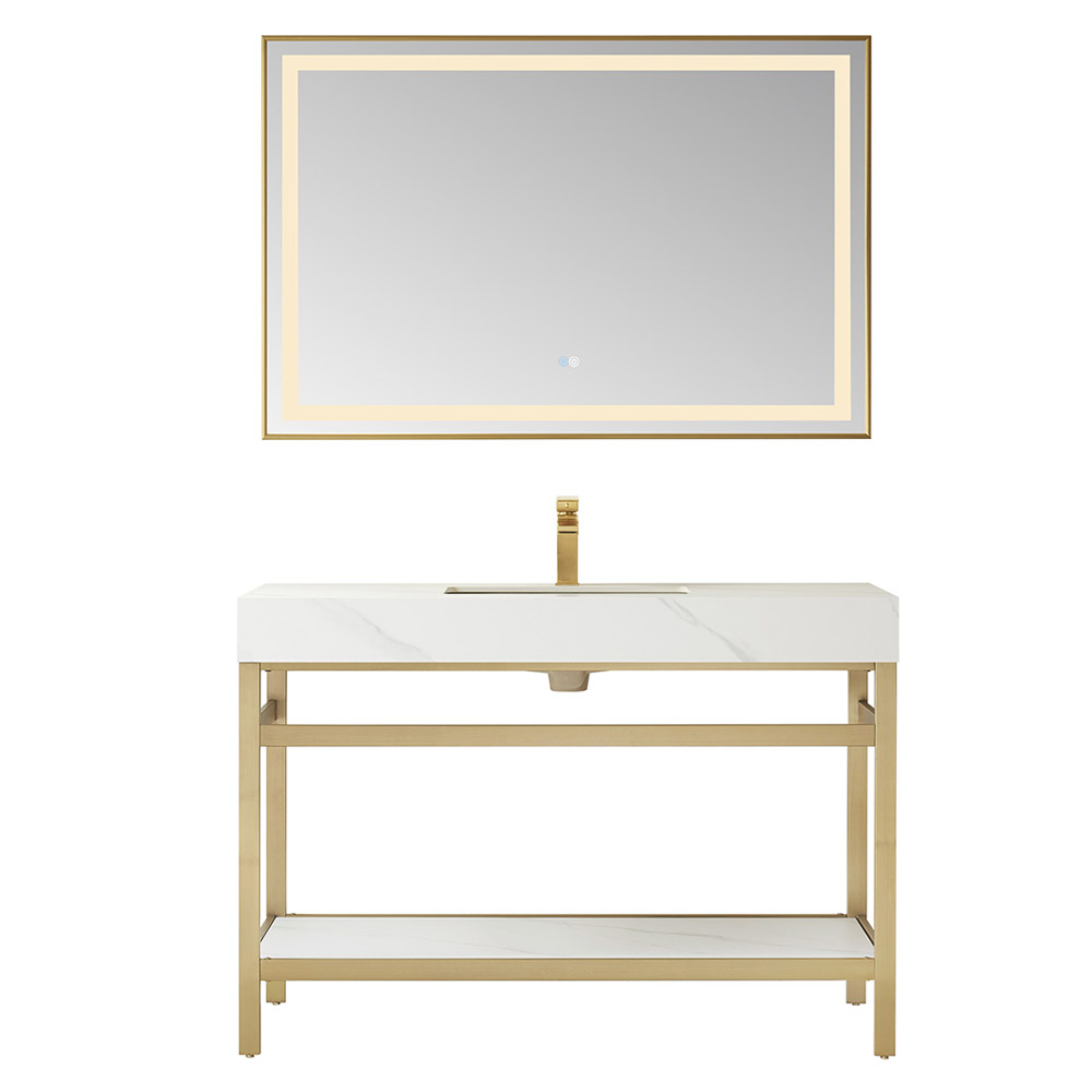 48" Single Sink Bath Vanity in Brushed Gold Metal Support with White Sintered Stone Top