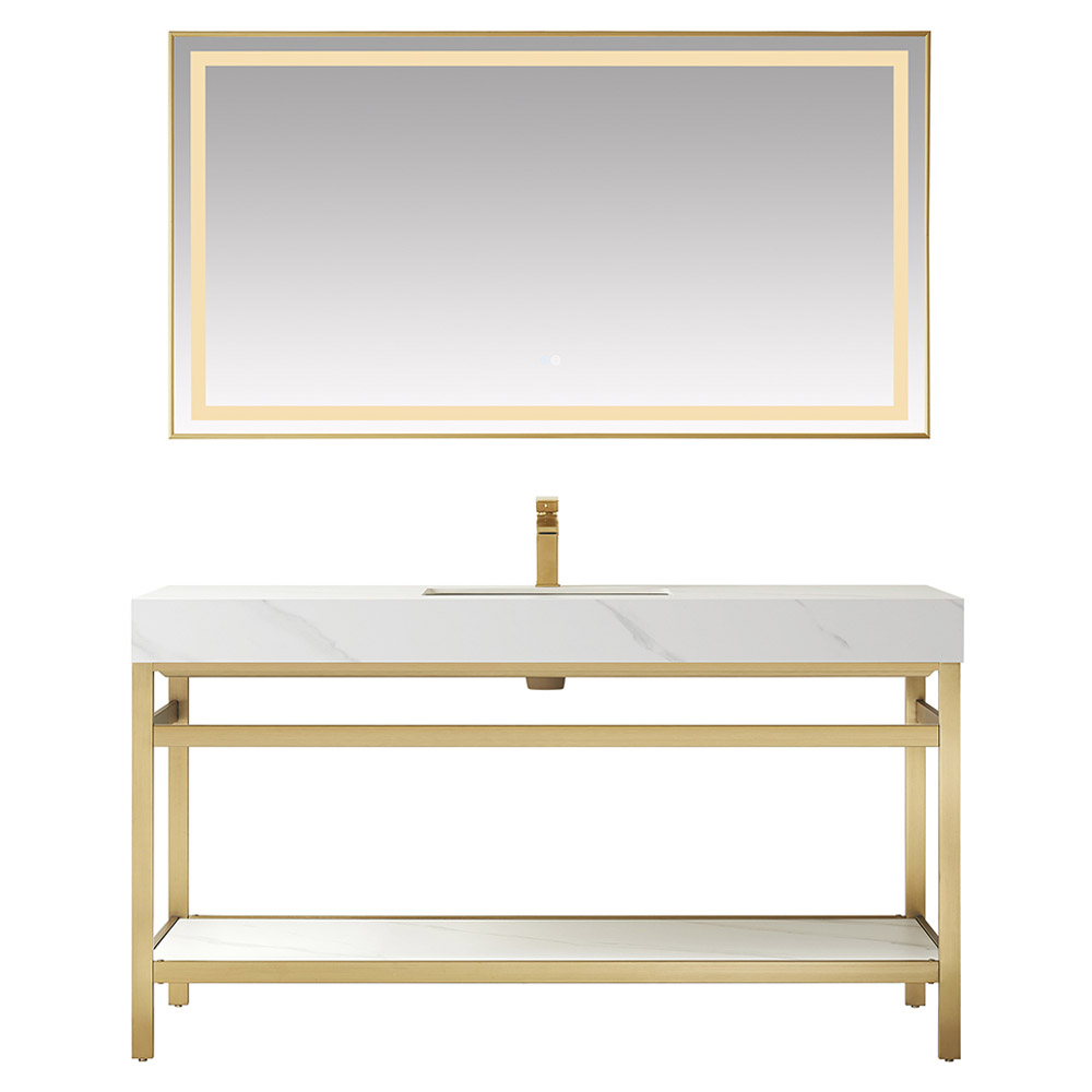 60" Single Sink Bath Vanity in Brushed Gold Metal Support with White Sintered Stone Top