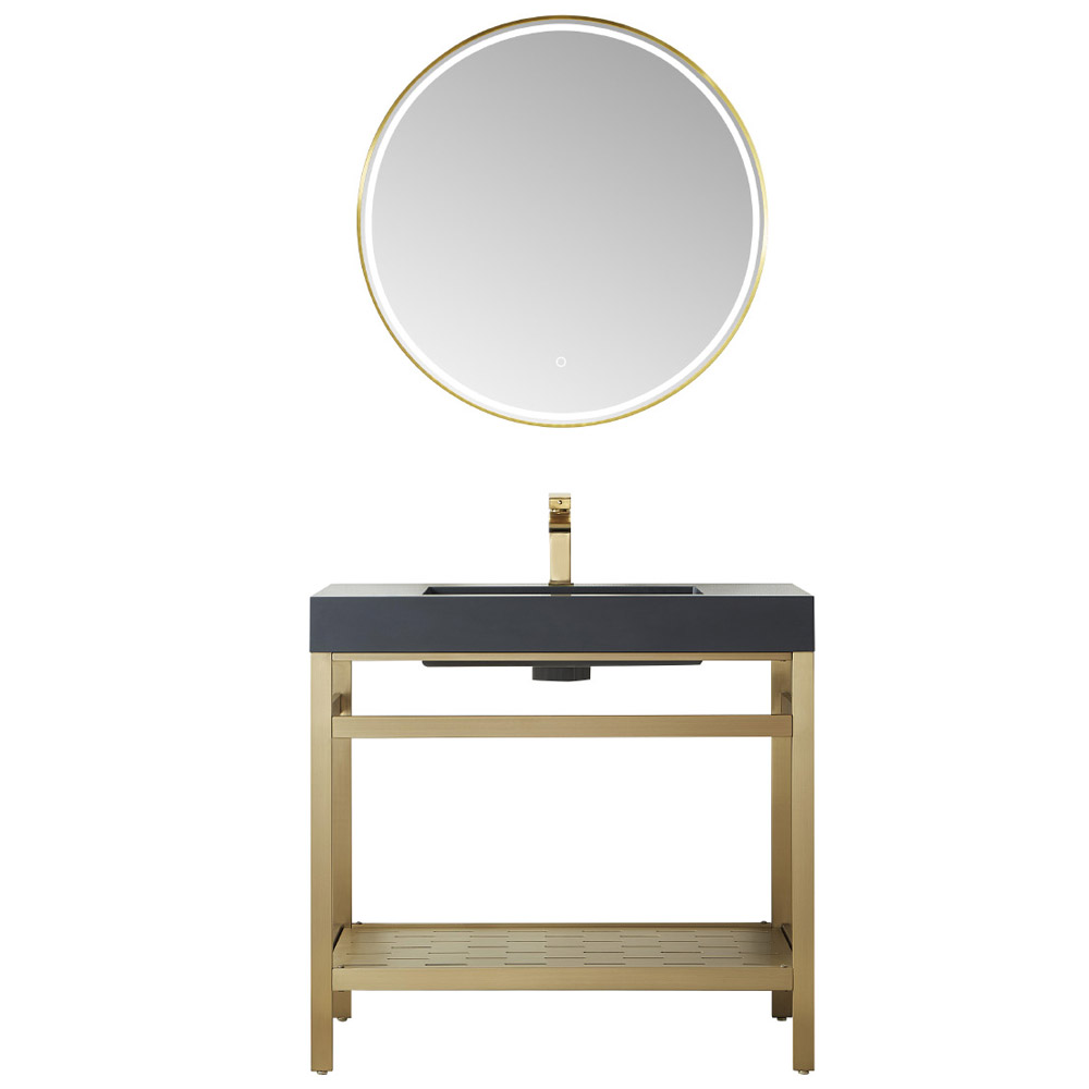 36" Single Sink Bath Vanity in Brushed Gold Metal Support with Black One-Piece Composite Stone Sink Top