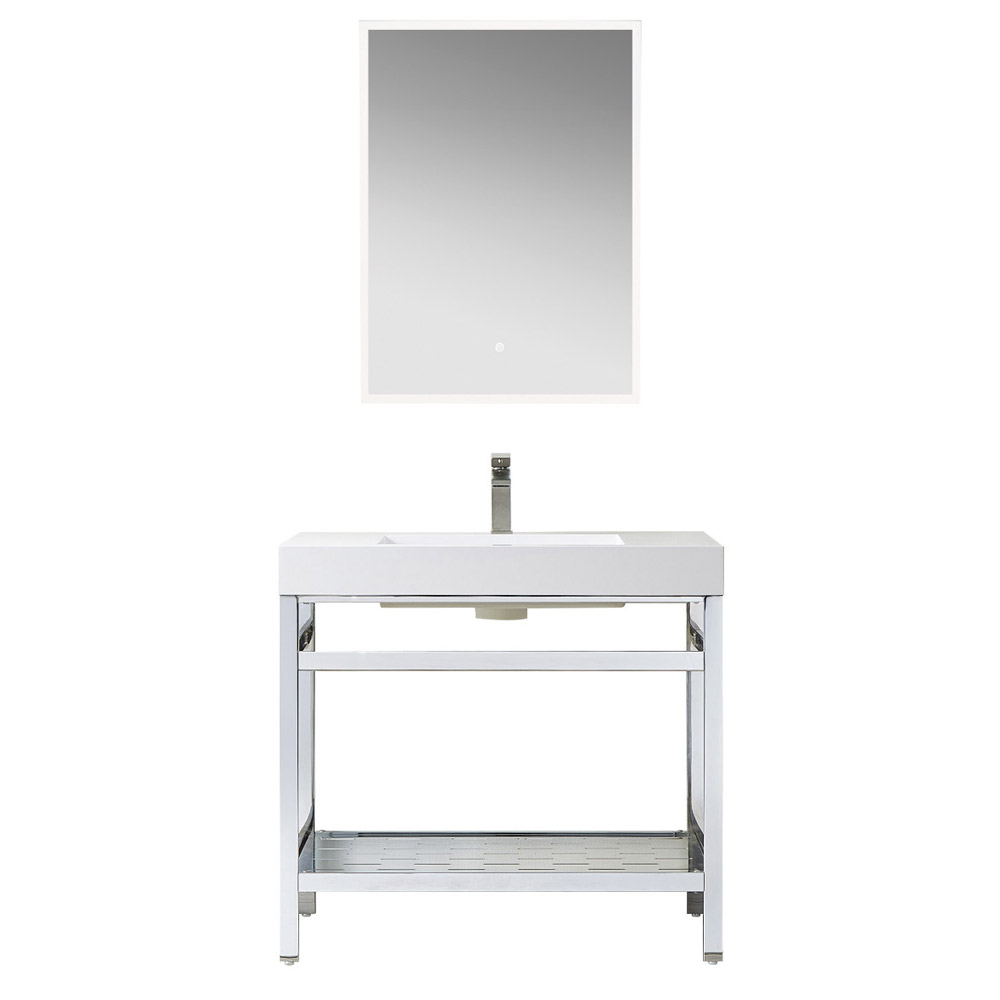 36" Single Sink Bath Vanity in Polish Chrome Metal Support with White One-Piece Composite Stone Sink Top