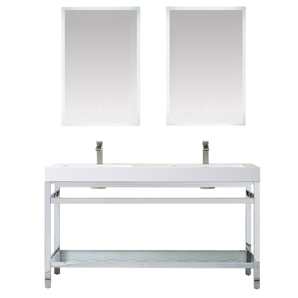60M" Double Sink Bath Vanity in Polish Chrome Metal Support with White One-Piece Composite Stone Sink Top