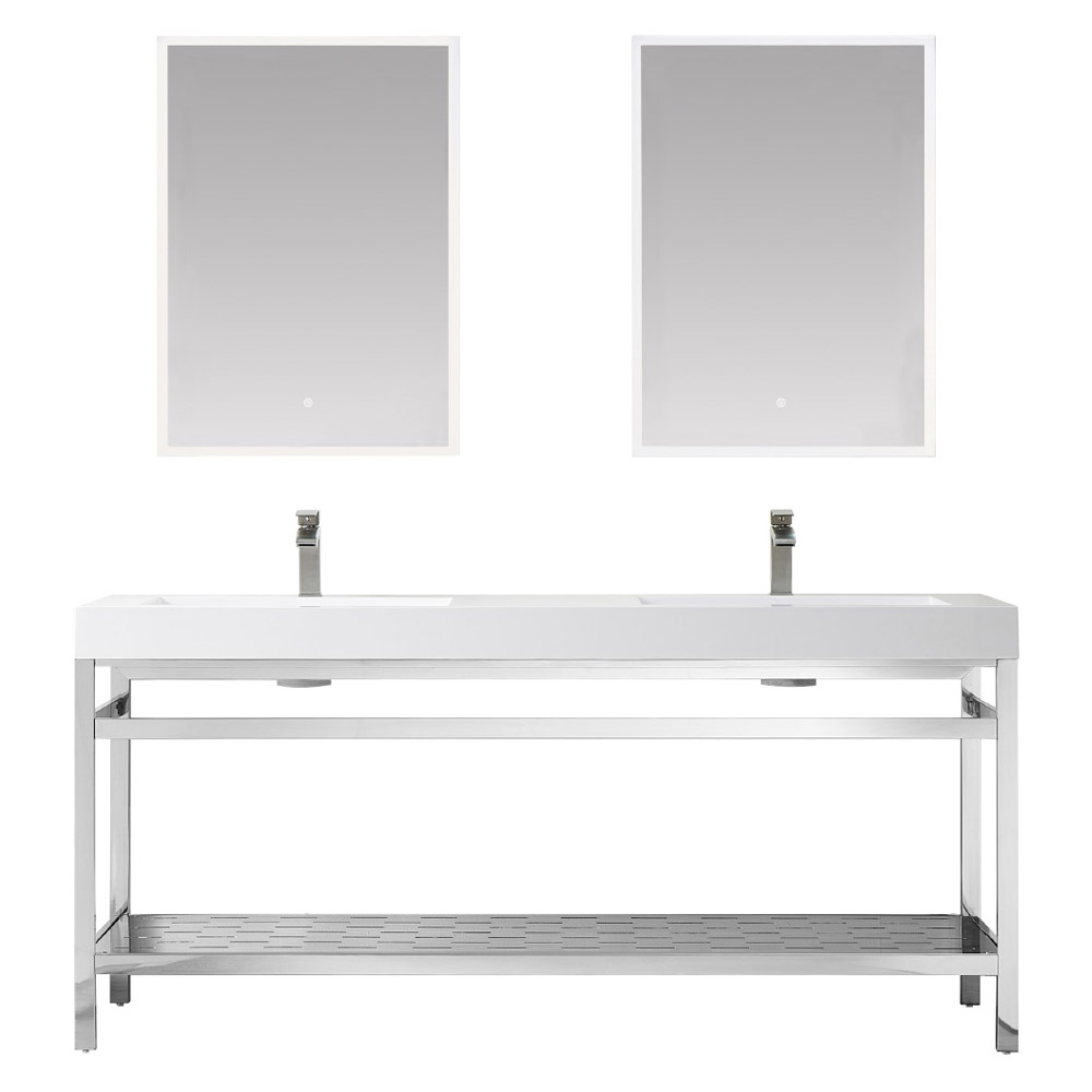 72" Double Sink Bath Vanity in Polish Chrome Metal Support with White One-Piece Composite Stone Sink Top