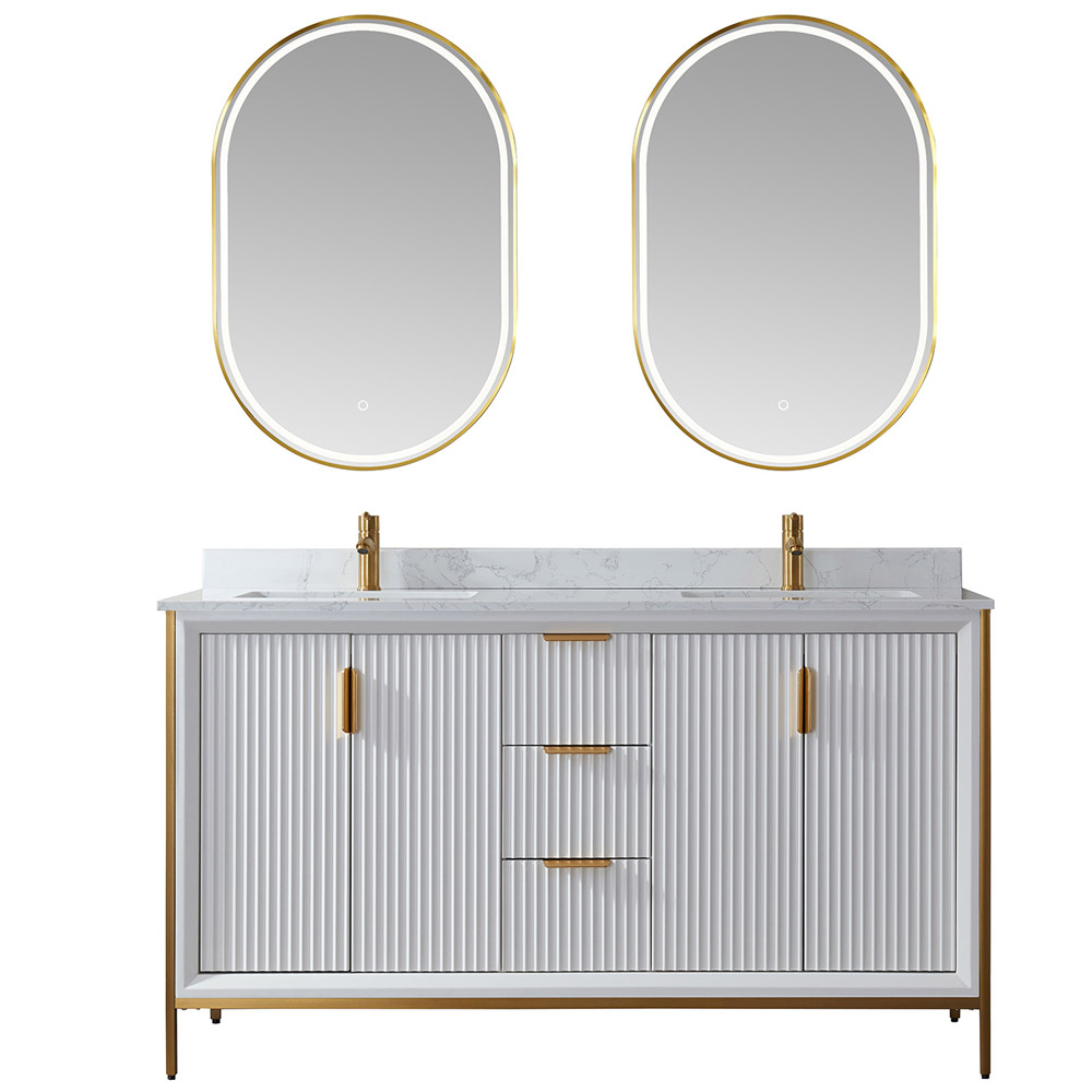 60" Vanity in White with White Composite Grain Stone Countertop Without Mirror 