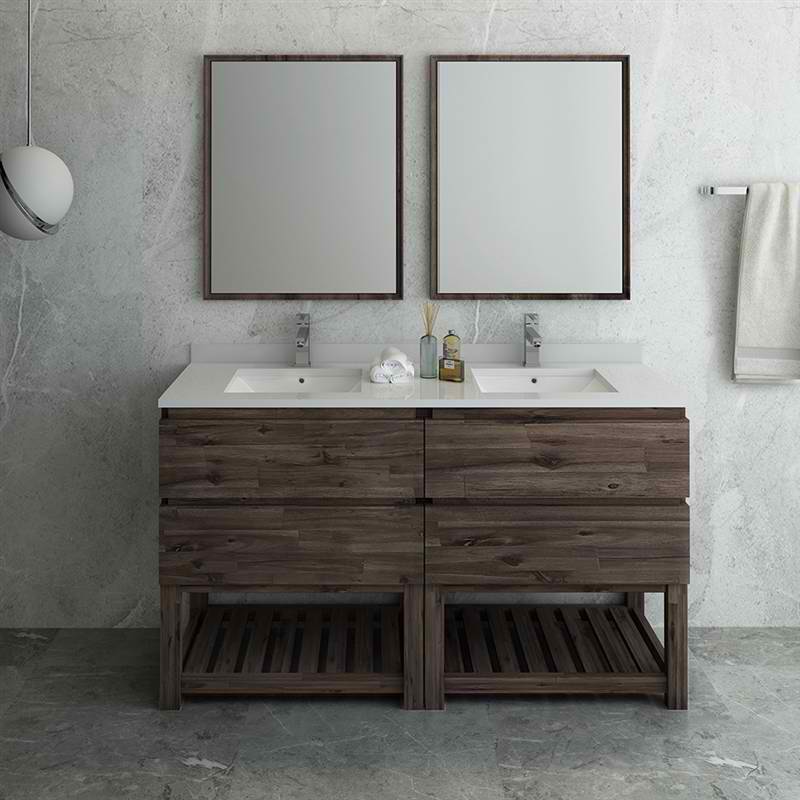60" Floor Standing Double Sink Modern Bathroom Vanity w/ Open Bottom & Mirrors
