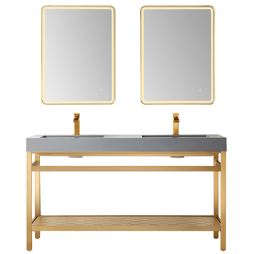 60M" Double Sink Bath Vanity in Brushed Gold Metal Support with Grey One-Piece Composite Stone Sink Top