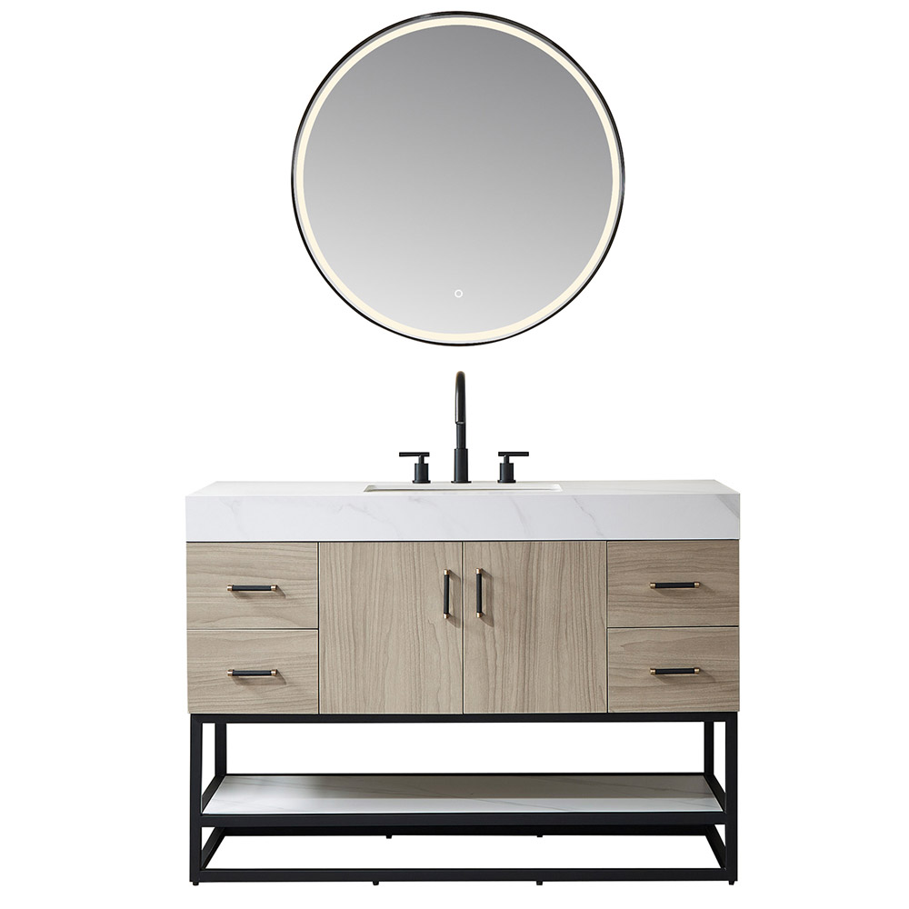 48" Single Sink Bath Vanity in Weathering Walnut with White Composite Grain Countertop and Mirror 