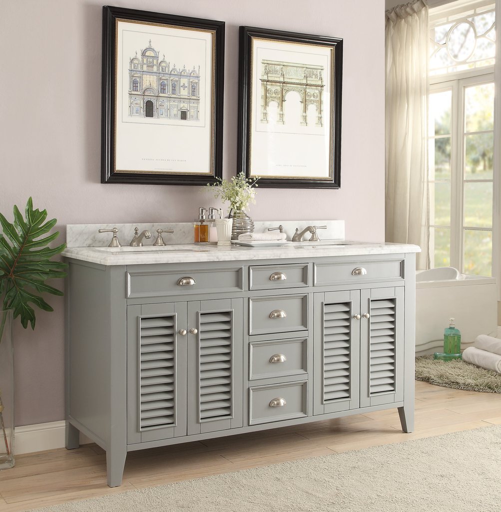 60" Premium Gray Double Sink Bathroom Sink Vanity with Italian Carrara Marble Top
