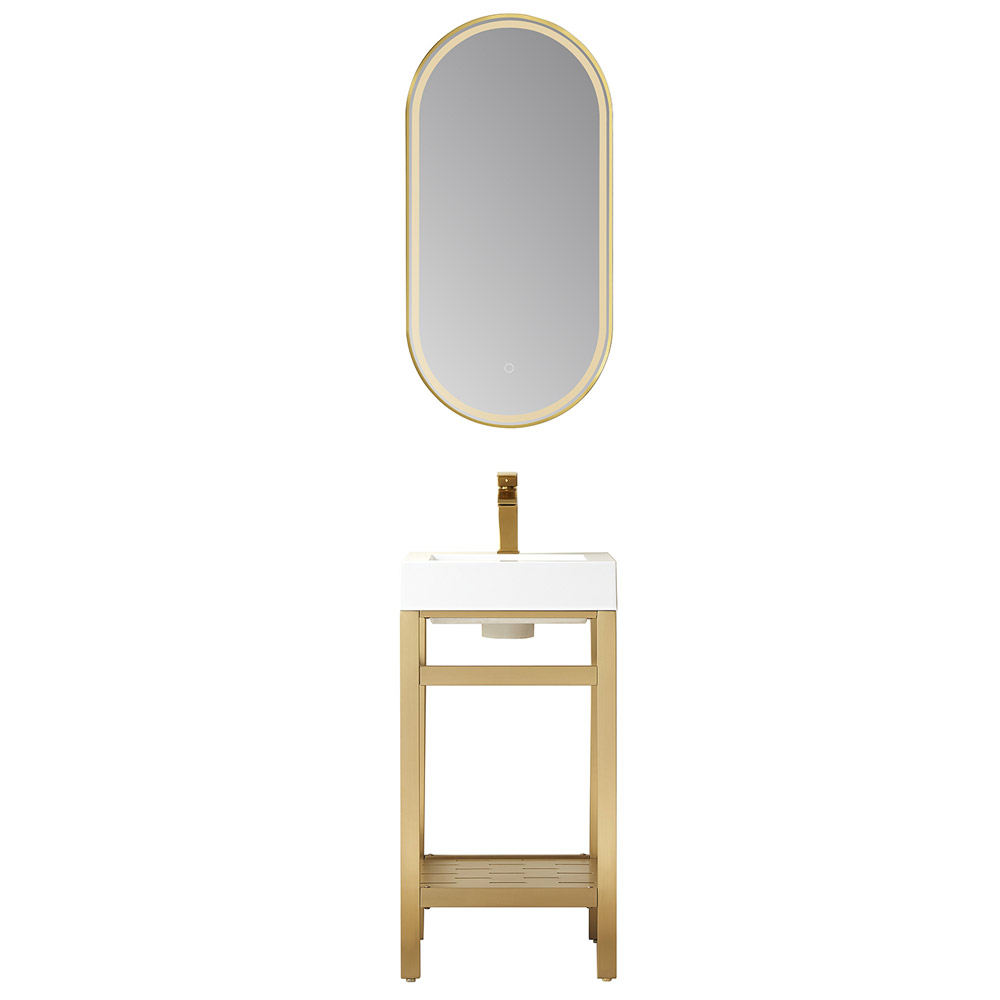 18" Single Sink Bath Vanity in Brushed Gold Metal Support with White One-Piece Composite Stone Sink Top 