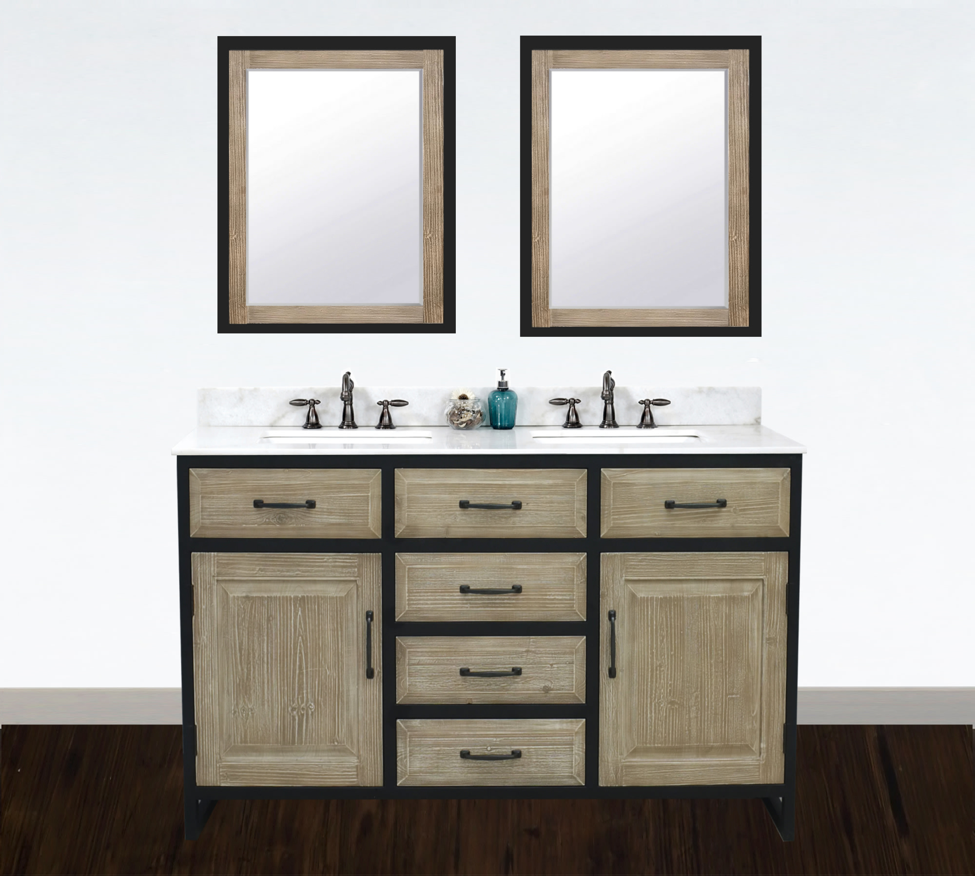 60" Rustic Solid Fir Double Sink with Iron Frame Vanity - No Faucet with Countertop Options