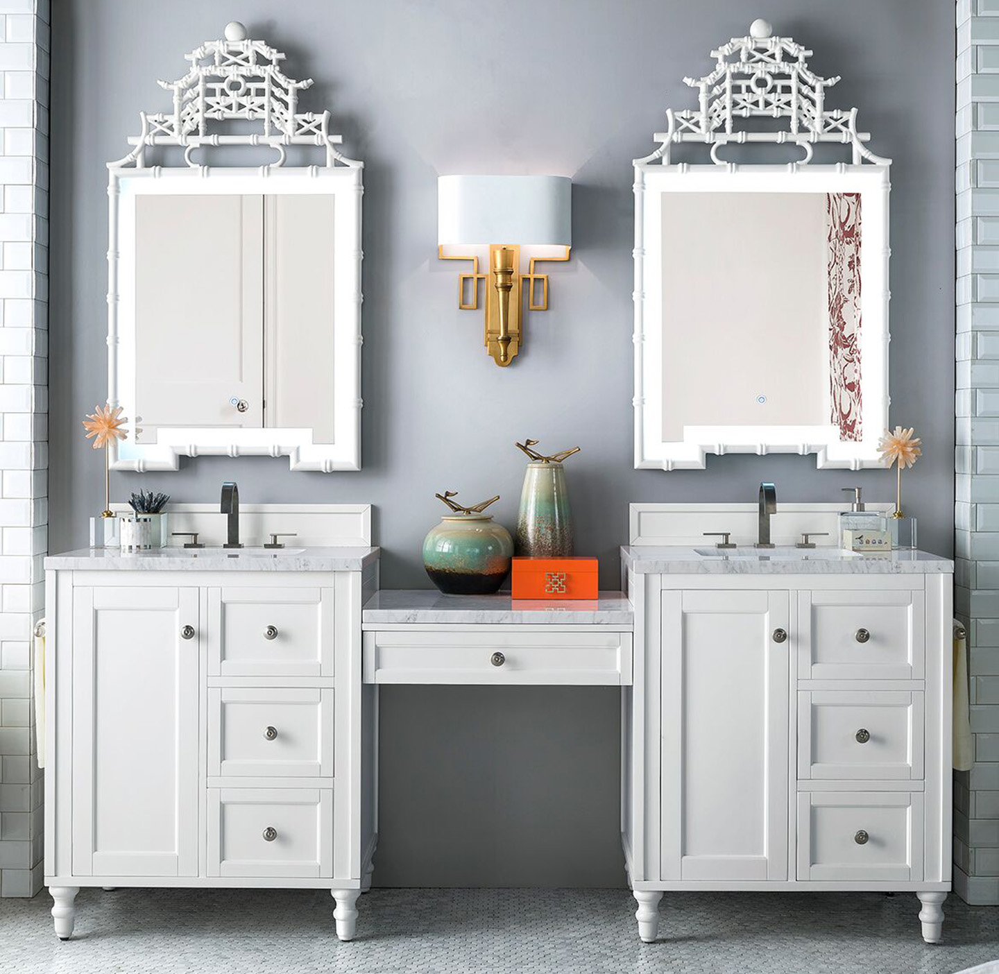 James Martin Copper Cove Encore Collection 86" Double Vanity Set, Bright White with Makeup Table, 3 CM Carrara Marble Top