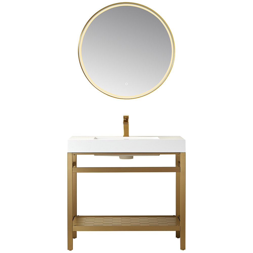  36" Single Sink Bath Vanity in Brushed Gold Metal Support with White One-Piece Composite Stone Sink Top 