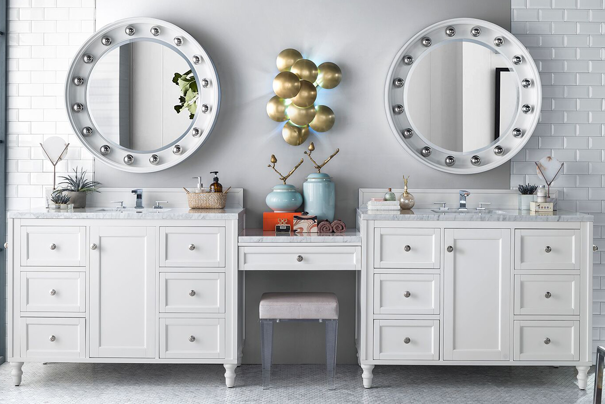 James Martin Copper Cove Encore Collection 122" Double Vanity Set, Bright White with Makeup Table