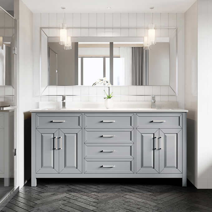 72" Double Sink Vanity Gray Finish with Cultured Marble Countertop with Matching Backsplash