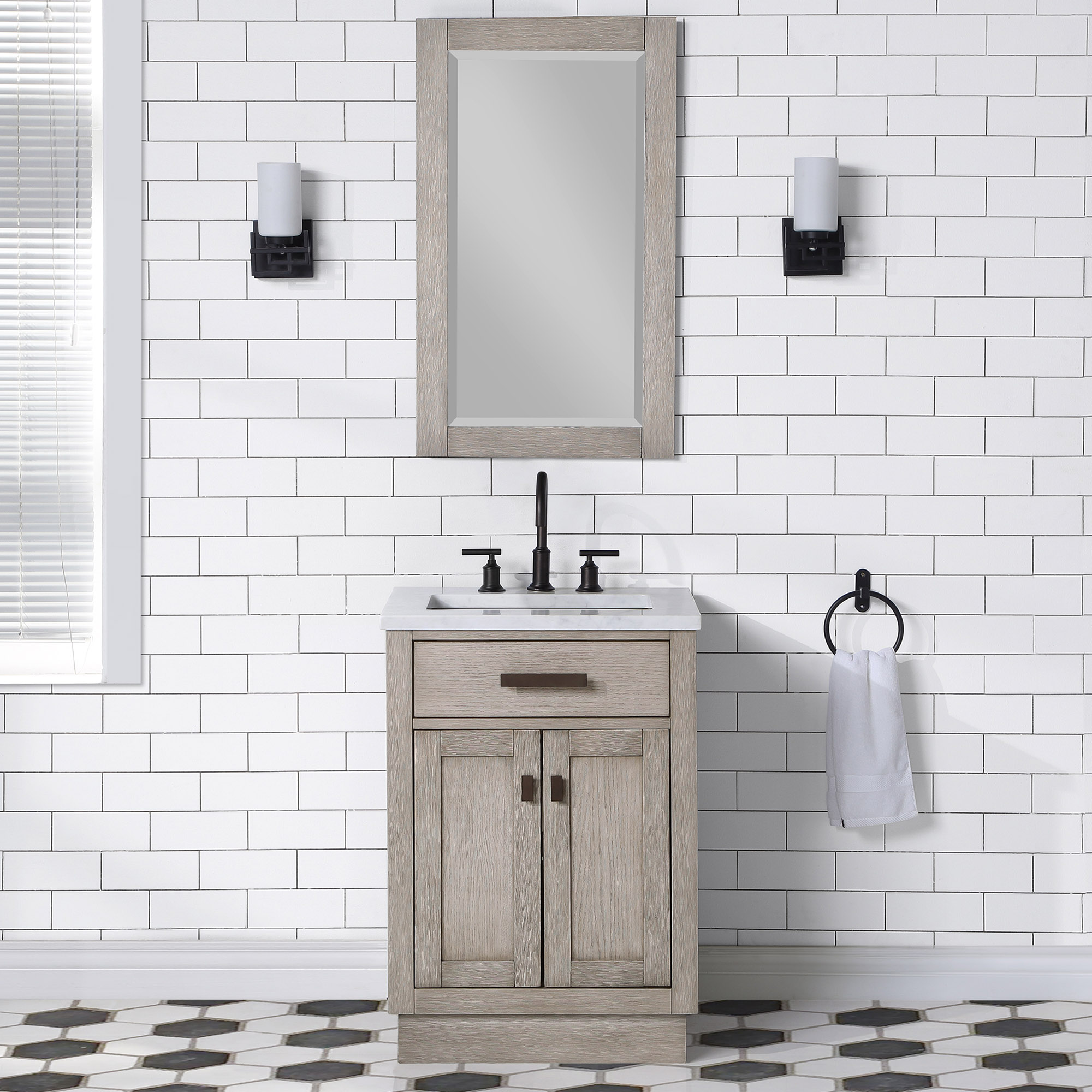 24" Gray Oak Single Bathroom Vanity with Seamless Italian Carrara White Marble Top