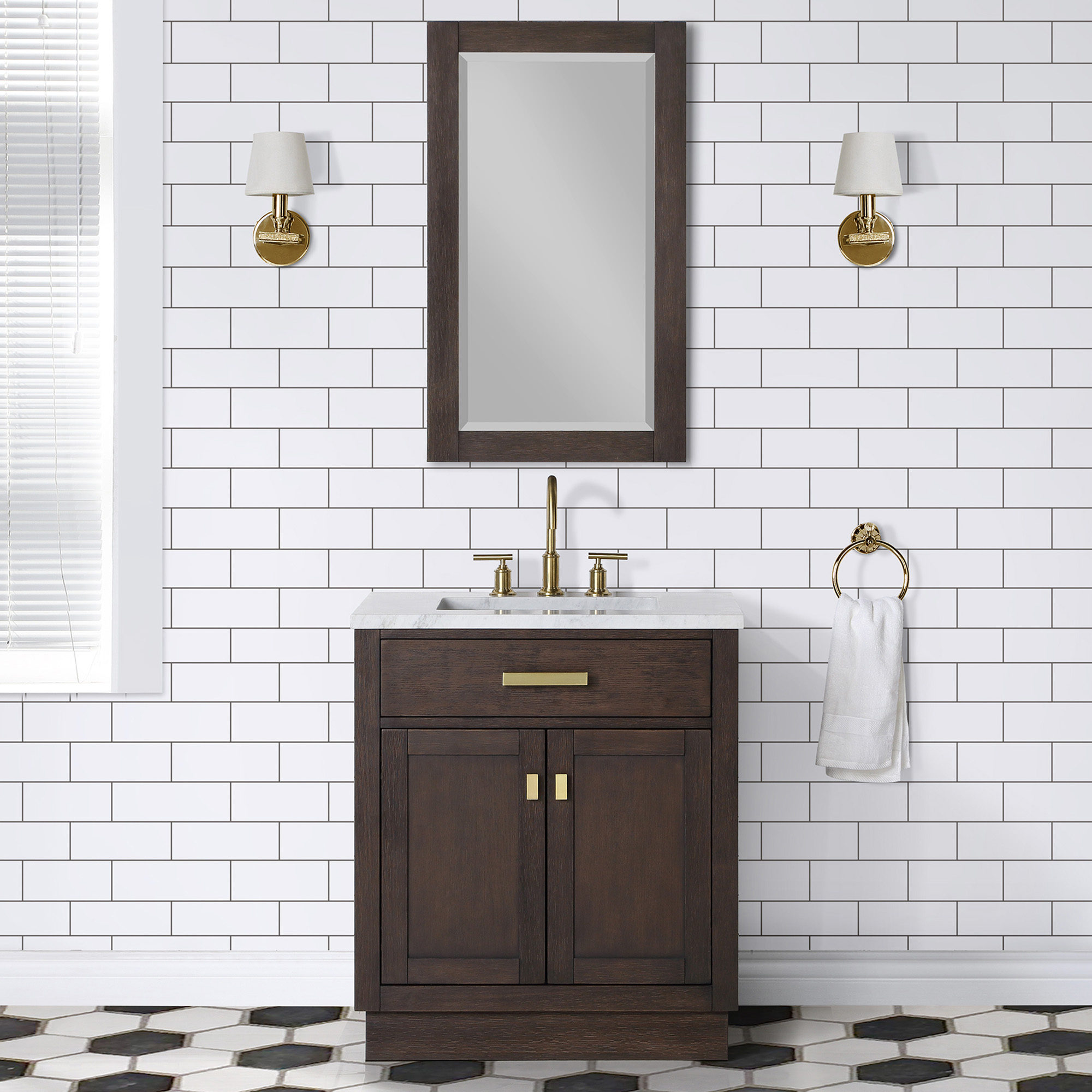 30" Brown Oak Single Bathroom Vanity with Seamless Italian Carrara White Marble Top