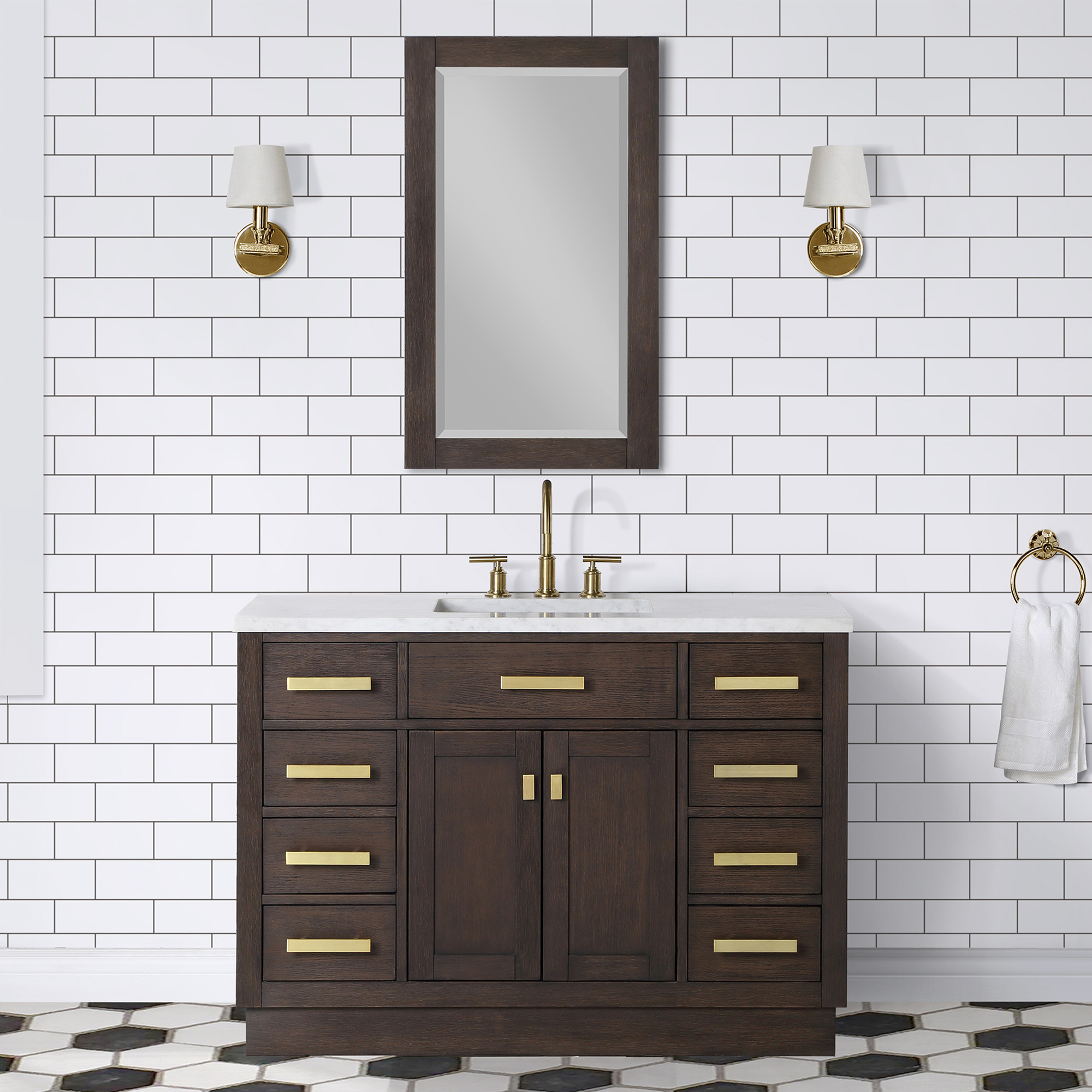 48" Brown Oak Single Bathroom Vanity with Seamless Italian Carrara White Marble Top