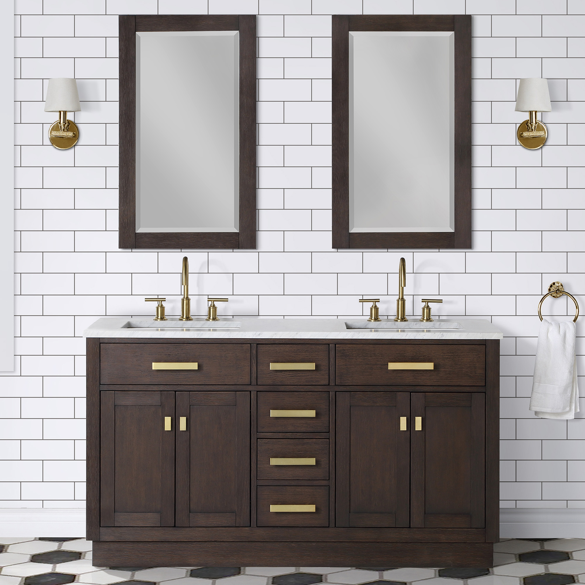 60" Brown Oak Double Bathroom Vanity with Seamless Italian Carrara White Marble Top