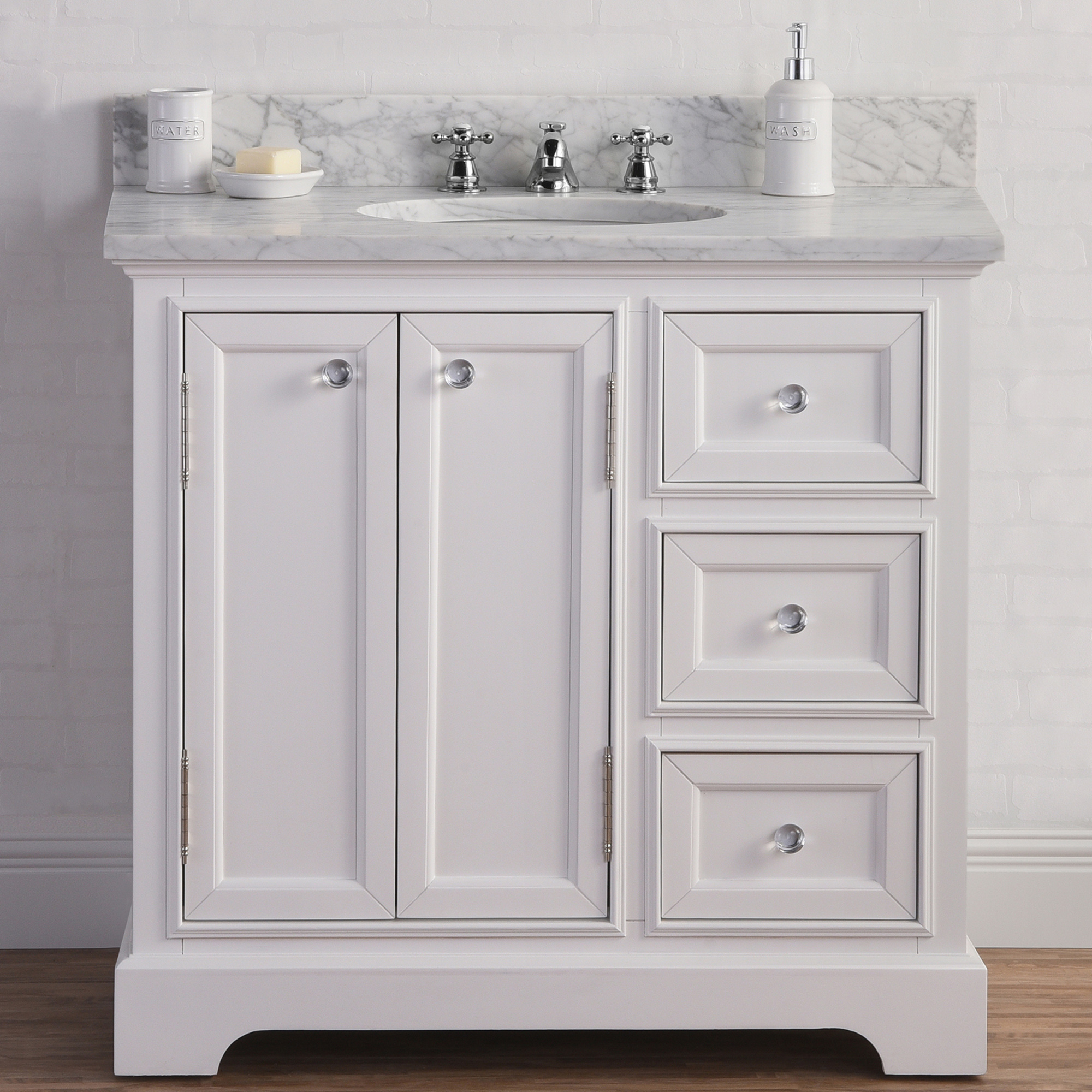 36" Wide Pure White Single Sink Carrara Marble Bathroom Vanity