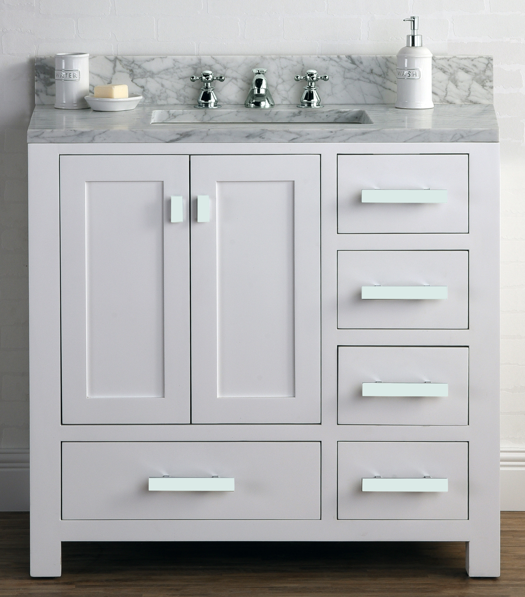 36" pure white single sink bathroom vanity with white carrara