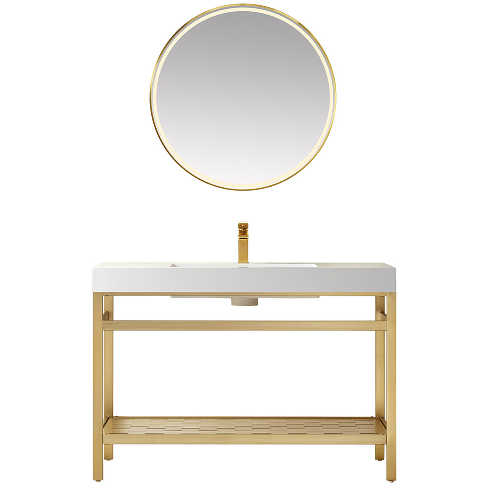 48" Single Sink Bath Vanity in Brushed Gold Metal Support with White One-Piece Composite Stone Sink Top 