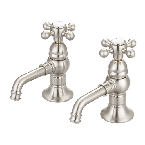 Vintage Classic Basin Cocks Lavatory Faucets in Brushed Nickel Finish With Metal Lever Handles Without Labels