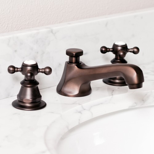 American 20th Century Classic Widespread Lavatory Faucets With Pop-Up Drain in Oil-rubbed Bronze Finish Finish With Torch Lever Handles, Hot And Cold Labels Included