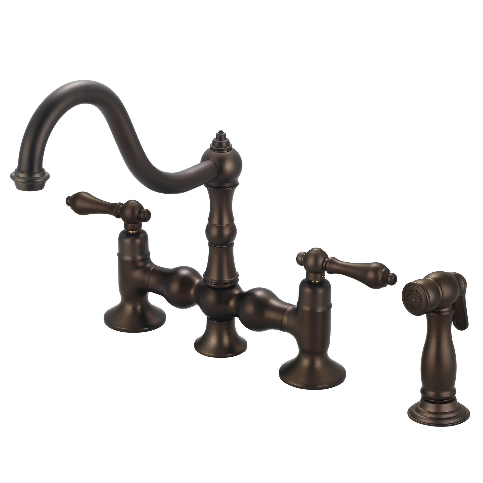 Bridge Style Kitchen Faucet With Side Spray To Match in Oil-rubbed Bronze Finish With Metal Lever Handles Without Labels