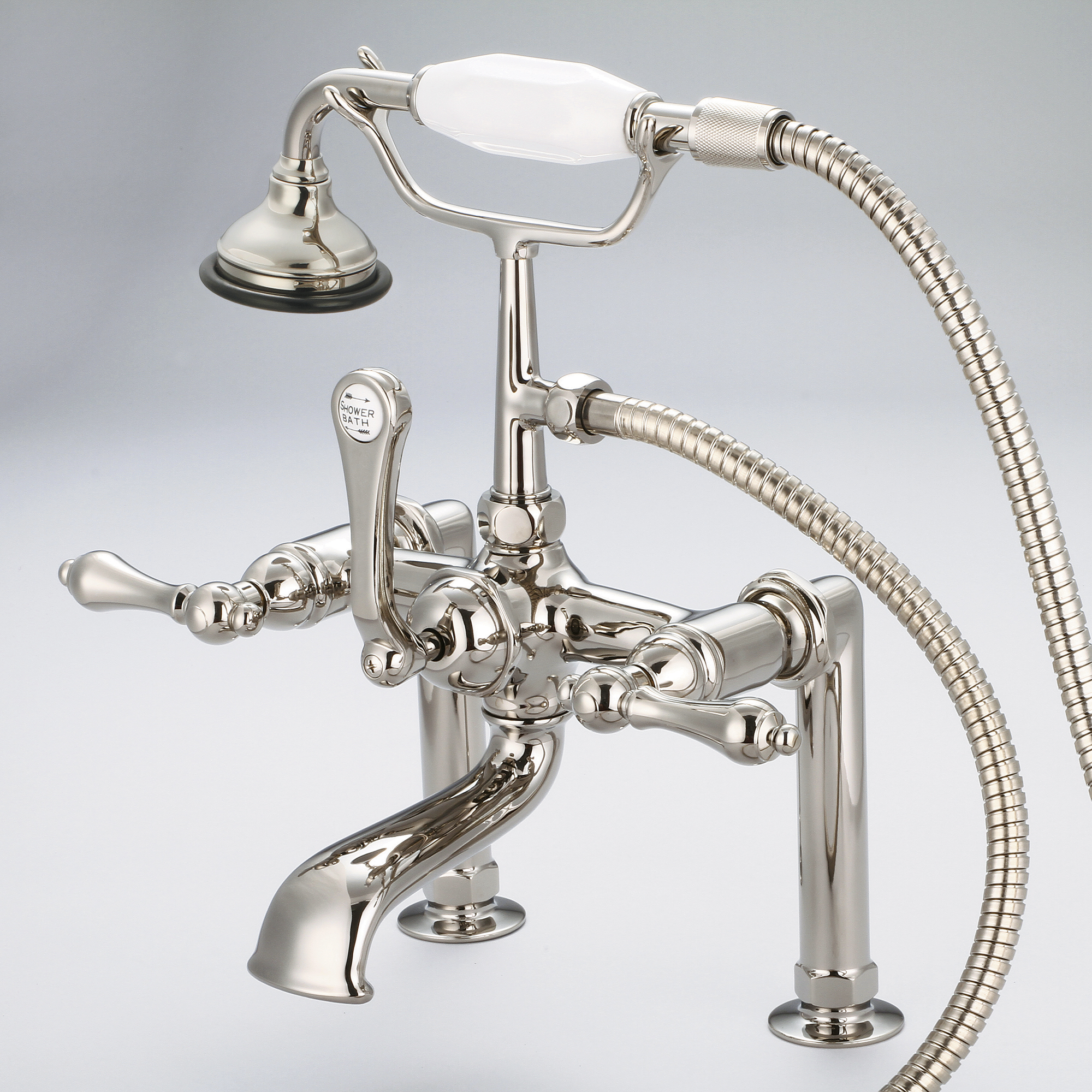 Vintage Classic 7 Inch Spread Deck Mount Tub Faucet With 6 Inch Risers & Handheld Shower in Polished Nickel (PVD) Finish With Metal Lever Handles Without Labels