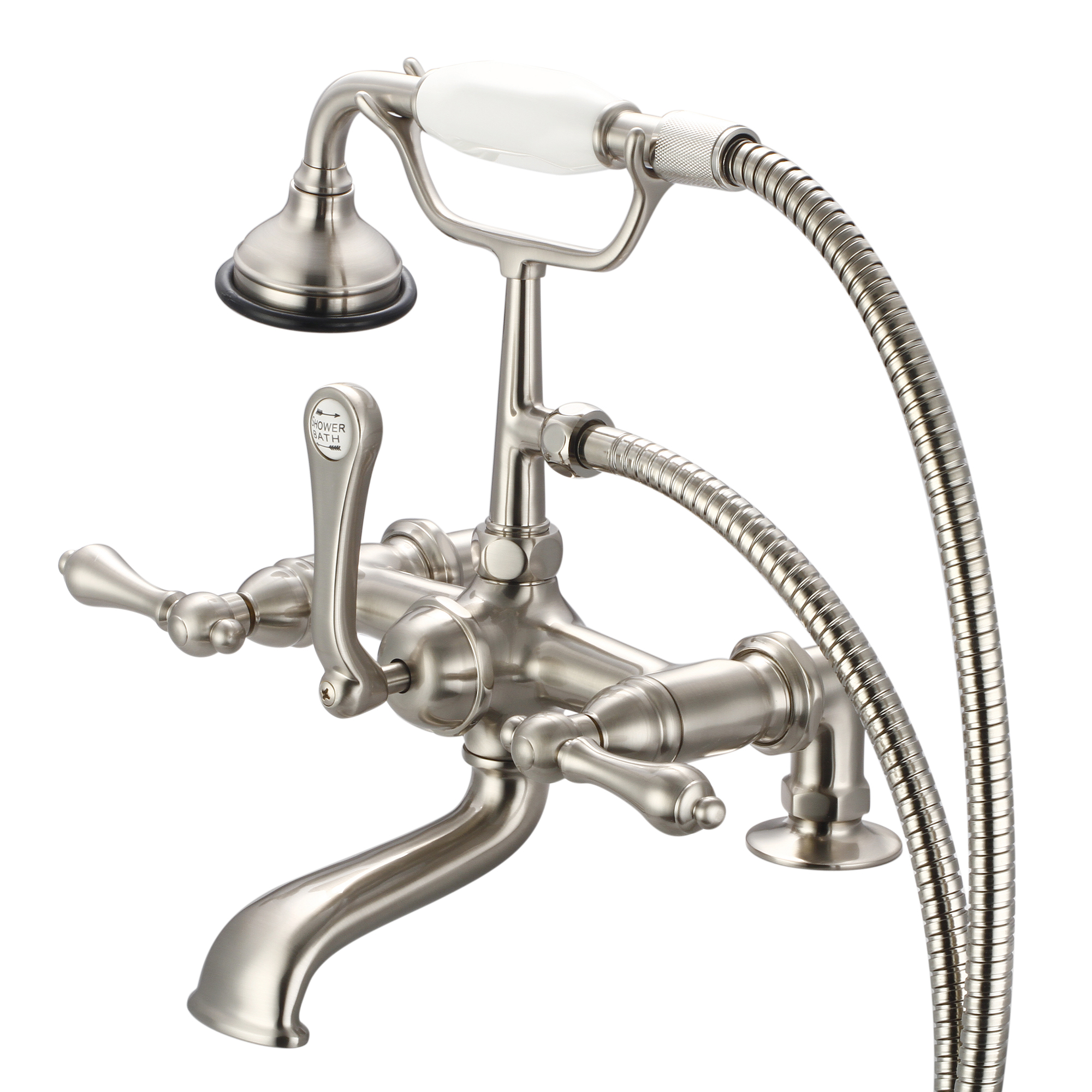 Vintage Classic 7 Inch Spread Deck Mount Tub Faucet With 2 Inch Risers & Handheld Shower in Brushed Nickel Finish With Metal Lever Handles Without Labels