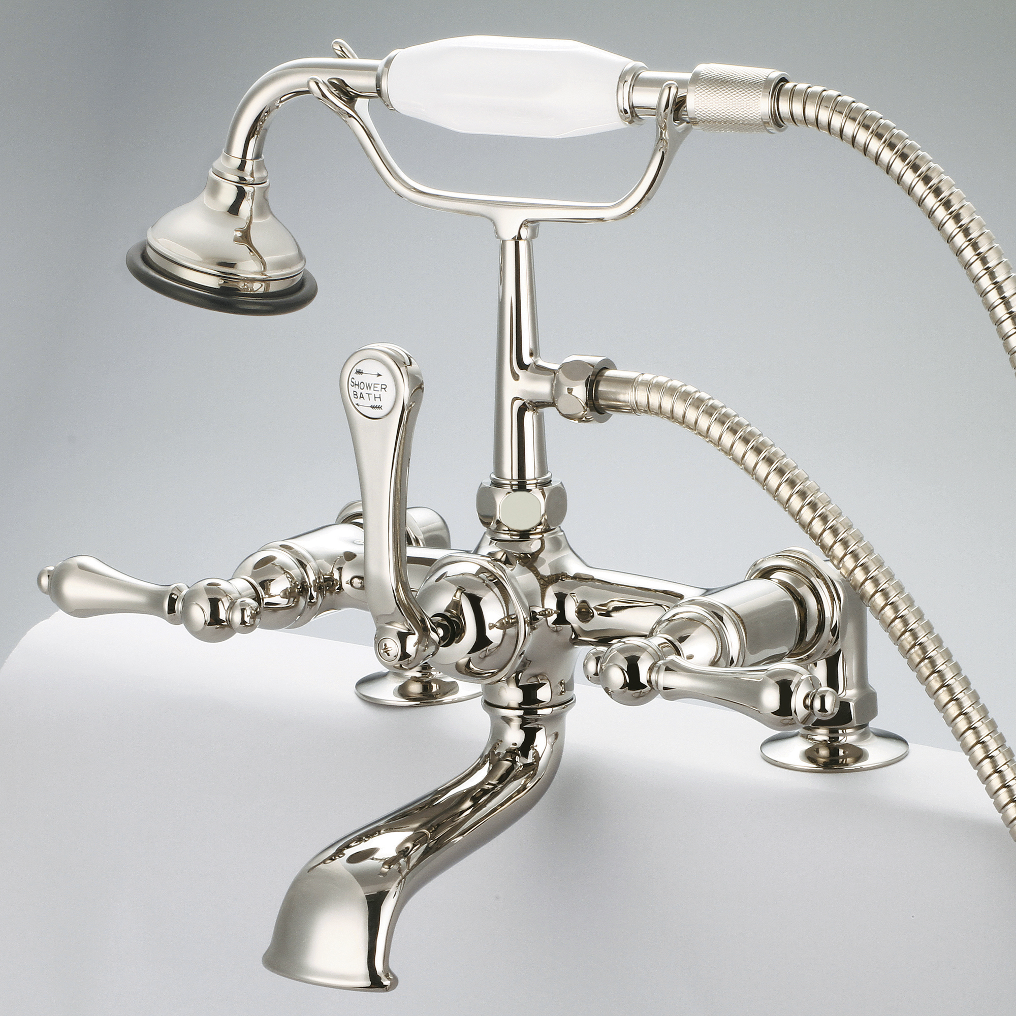 Vintage Classic 7 Inch Spread Deck Mount Tub Faucet With 2 Inch Risers & Handheld Shower in Polished Nickel (PVD) Finish With Metal Lever Handles Without Labels