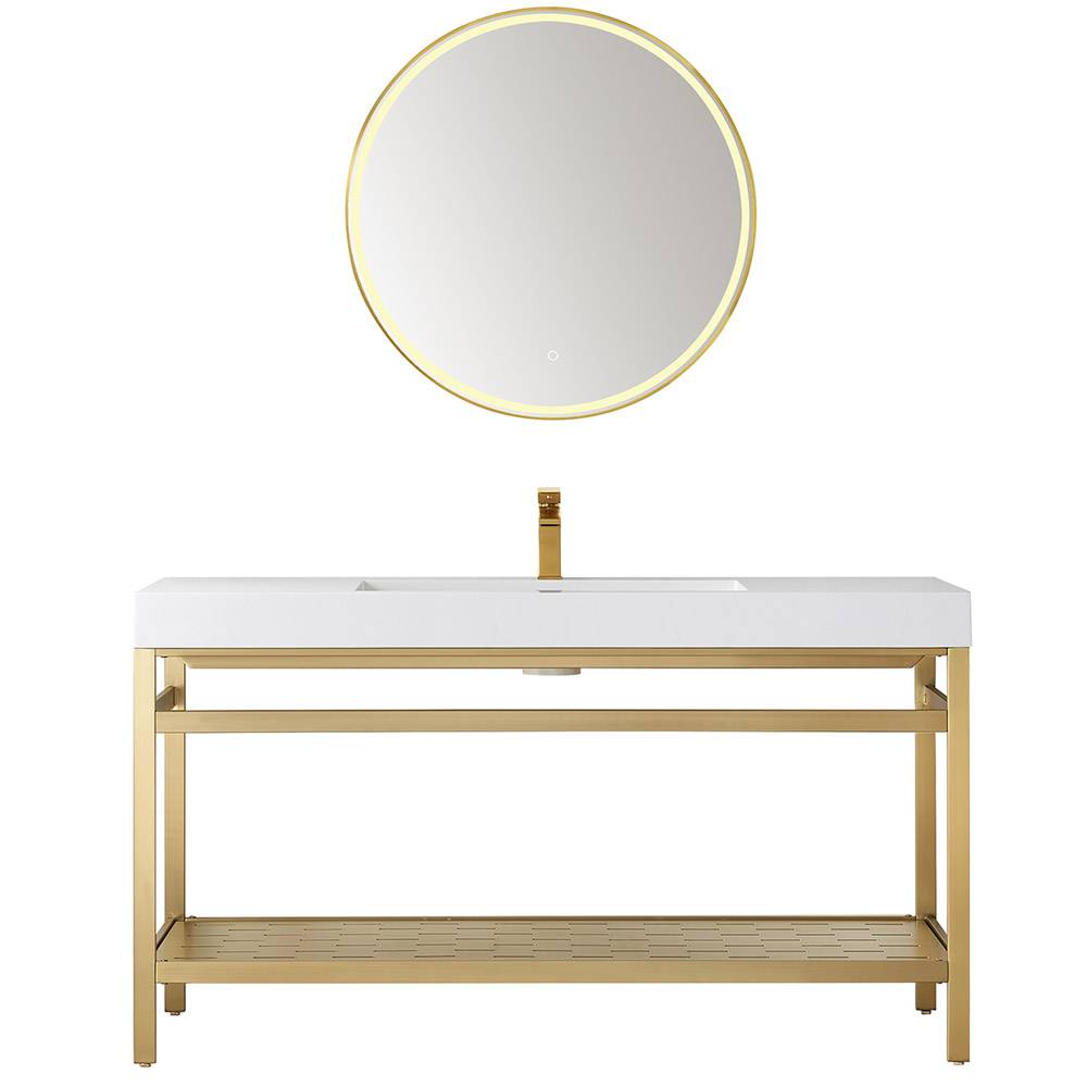 60" Single Sink Bath Vanity in Brushed Gold Metal Support with White One-Piece Composite Stone Sink Top 