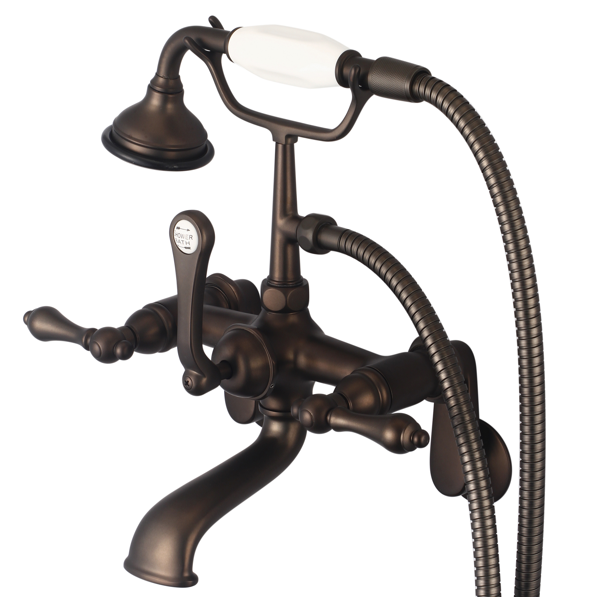 Vintage Classic Adjustable Center Wall Mount Tub Faucet With Swivel Wall Connector & Handheld Shower in Oil-rubbed Bronze Finish Finish With Metal Lever Handles Without Labels