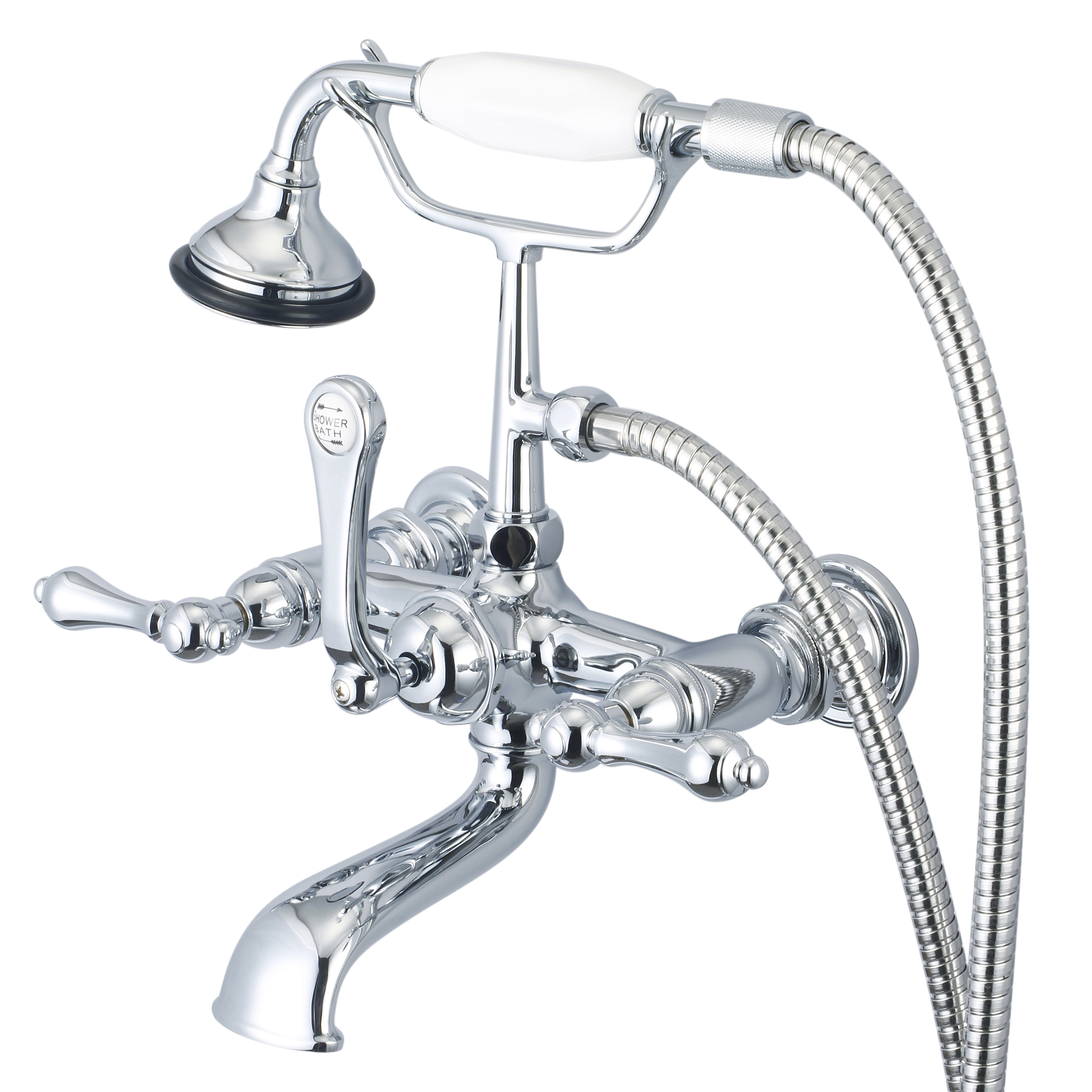 Vintage Classic 7 Inch Spread Wall Mount Tub Faucet With Straight Wall Connector & Handheld Shower in Chrome Finish With Metal Lever Handles Without Labels